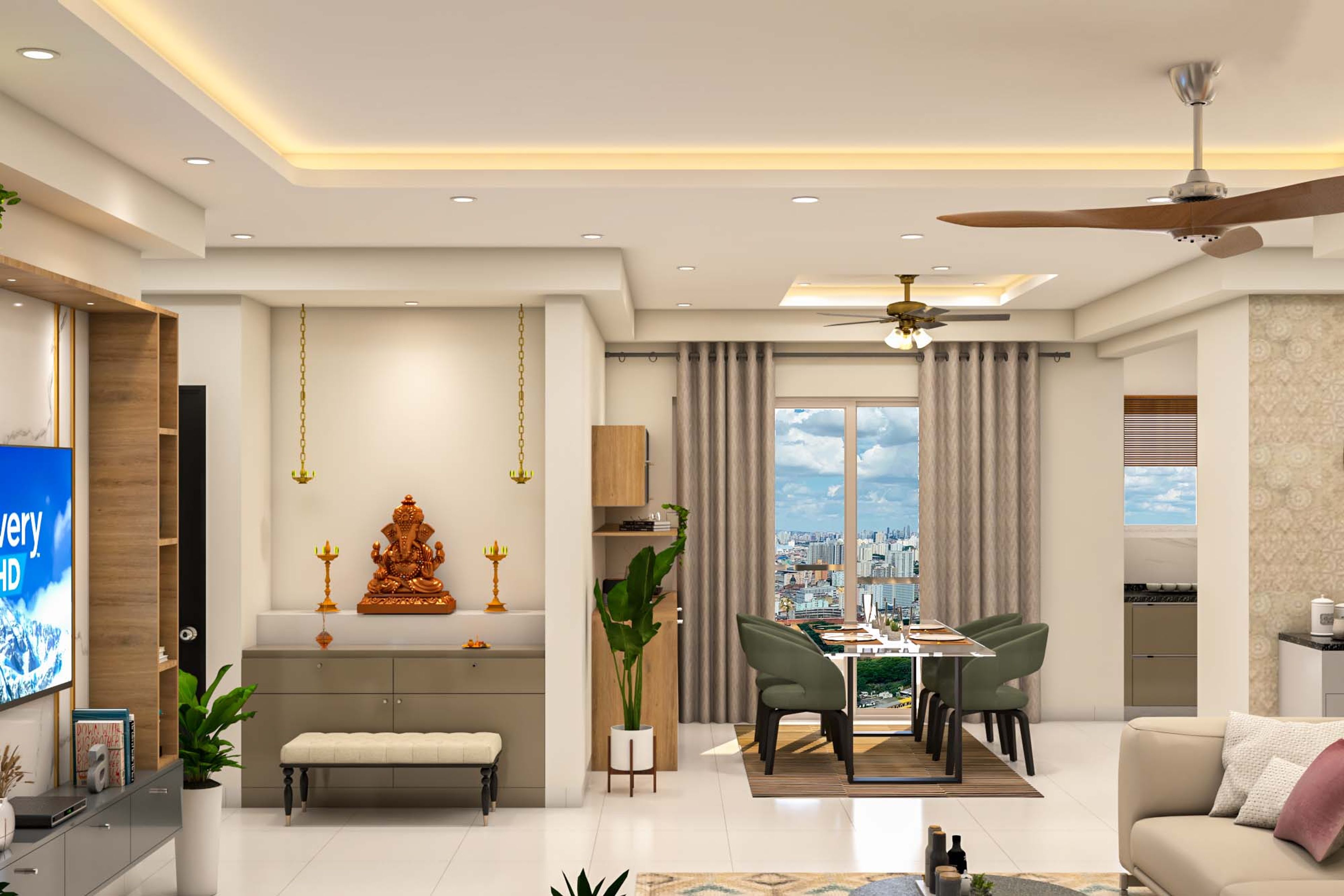 Contemporary Mandir Design In Metallic Beige