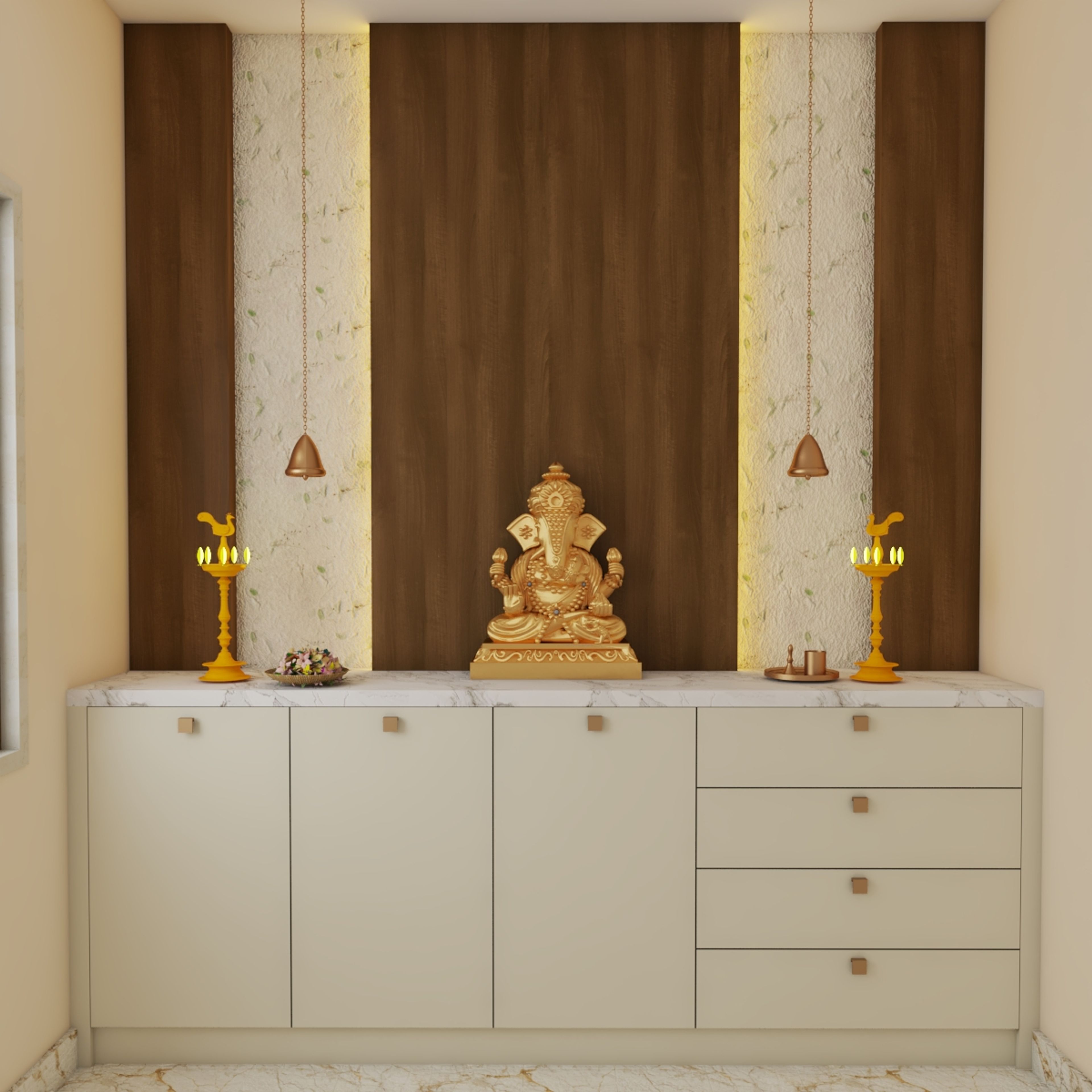 Modern Pooja Room Design With Subtle Lighting And Wooden Panel