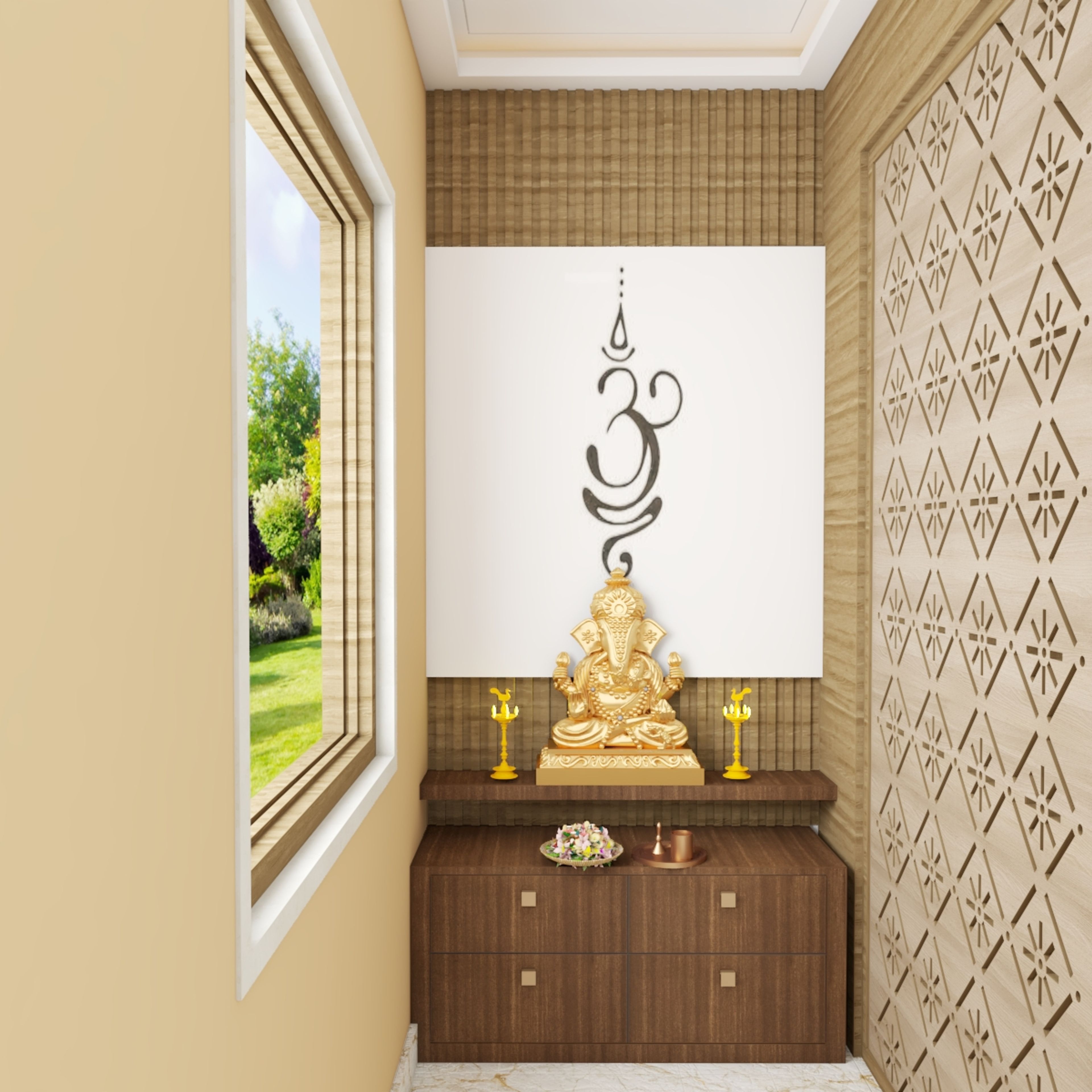 Compact Modern Pooja Room Design With Earthy Tones