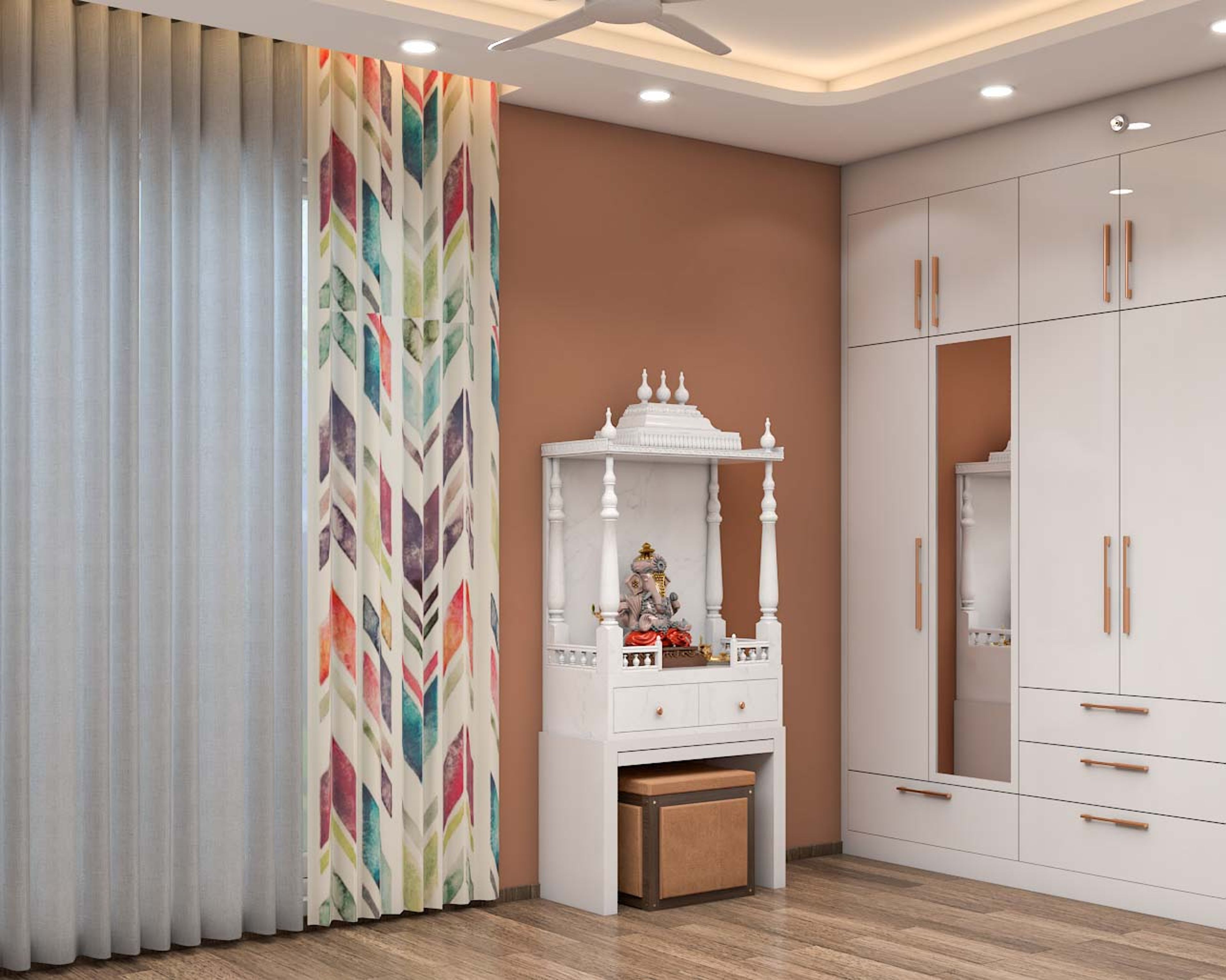 Contemporary Pooja Unit Design With White Marble Unit