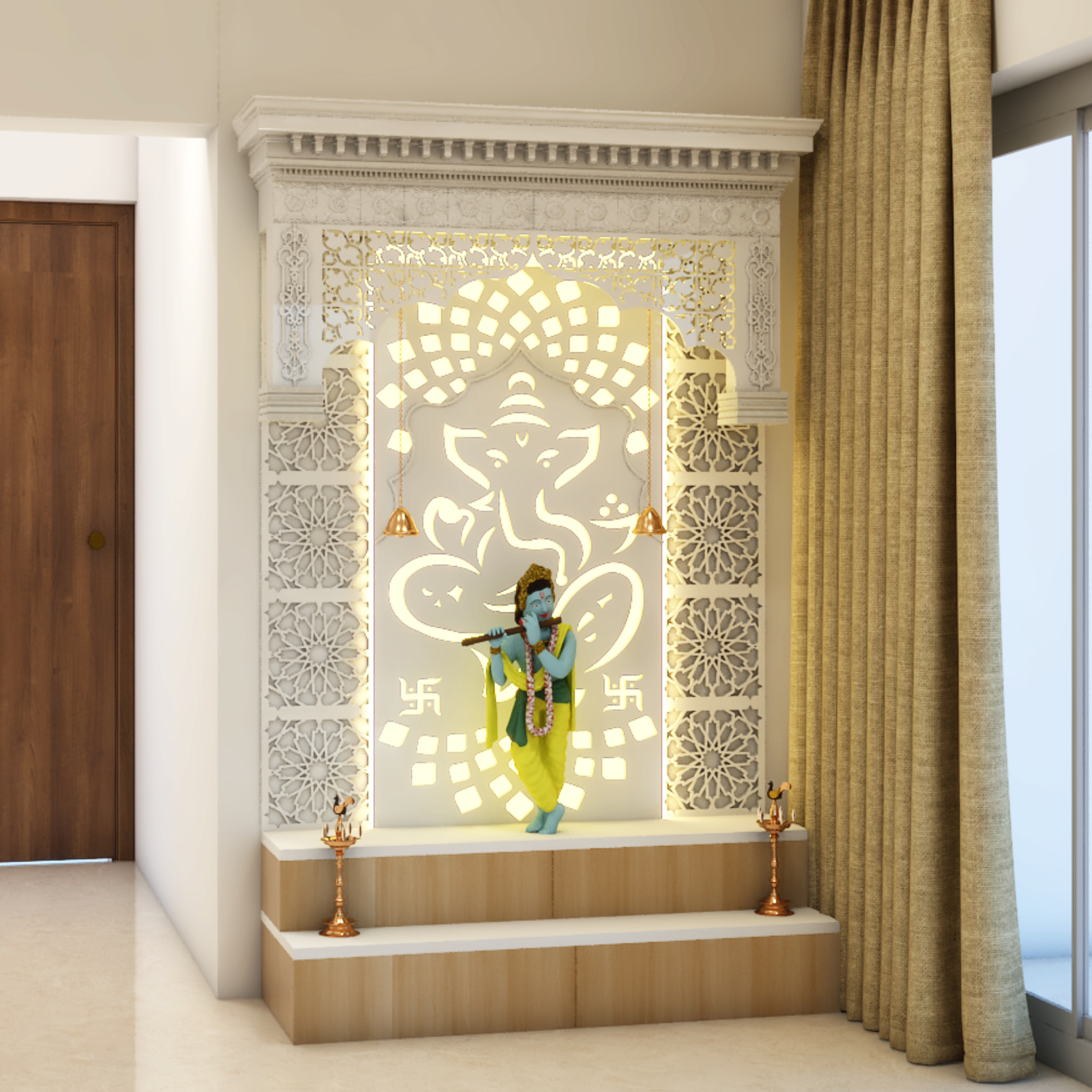 Modern Intricate Pooja Room Design With LED Lighting