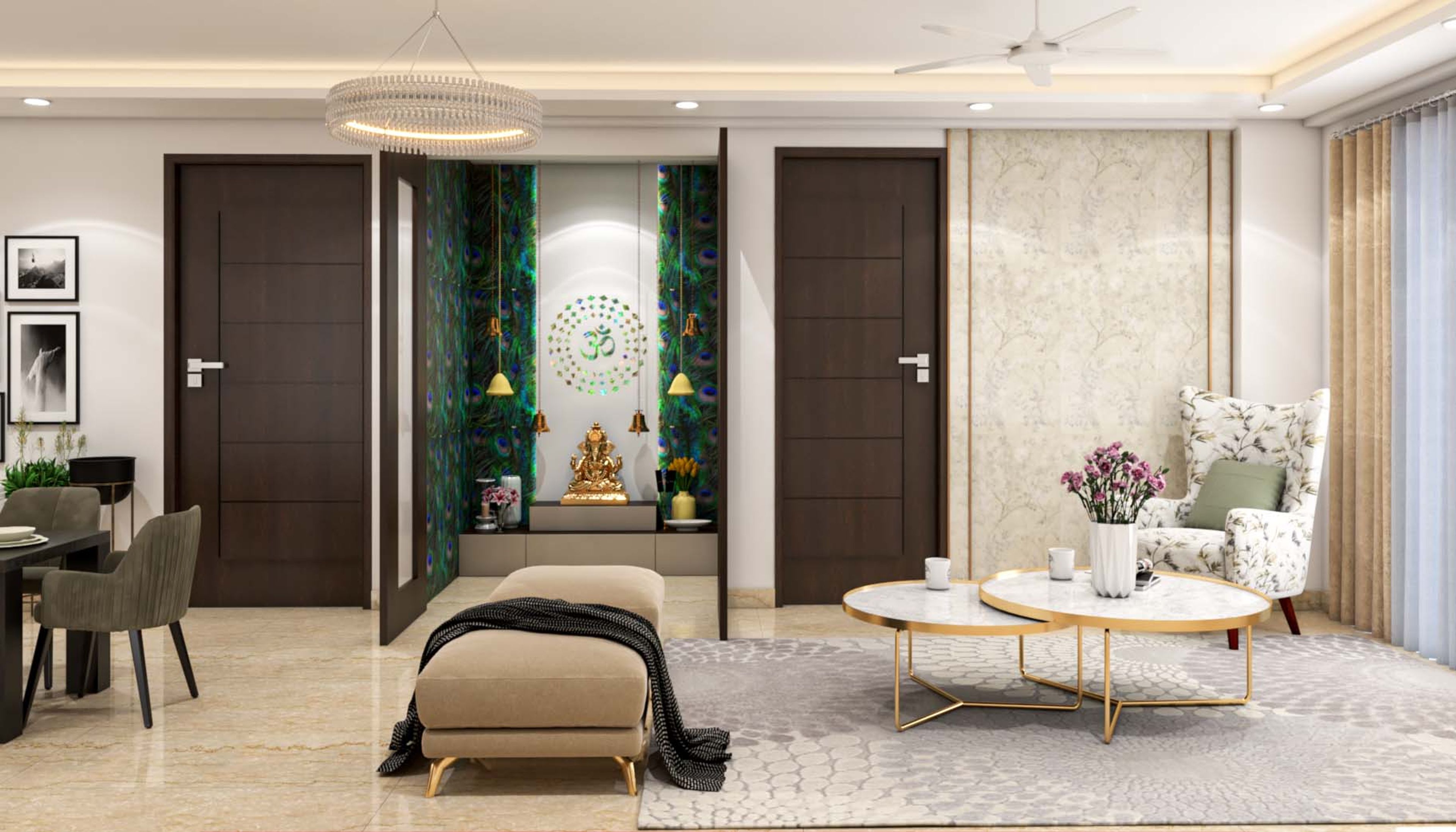 Contemporary Mandir Design With Peacock-Textured Wallpaper