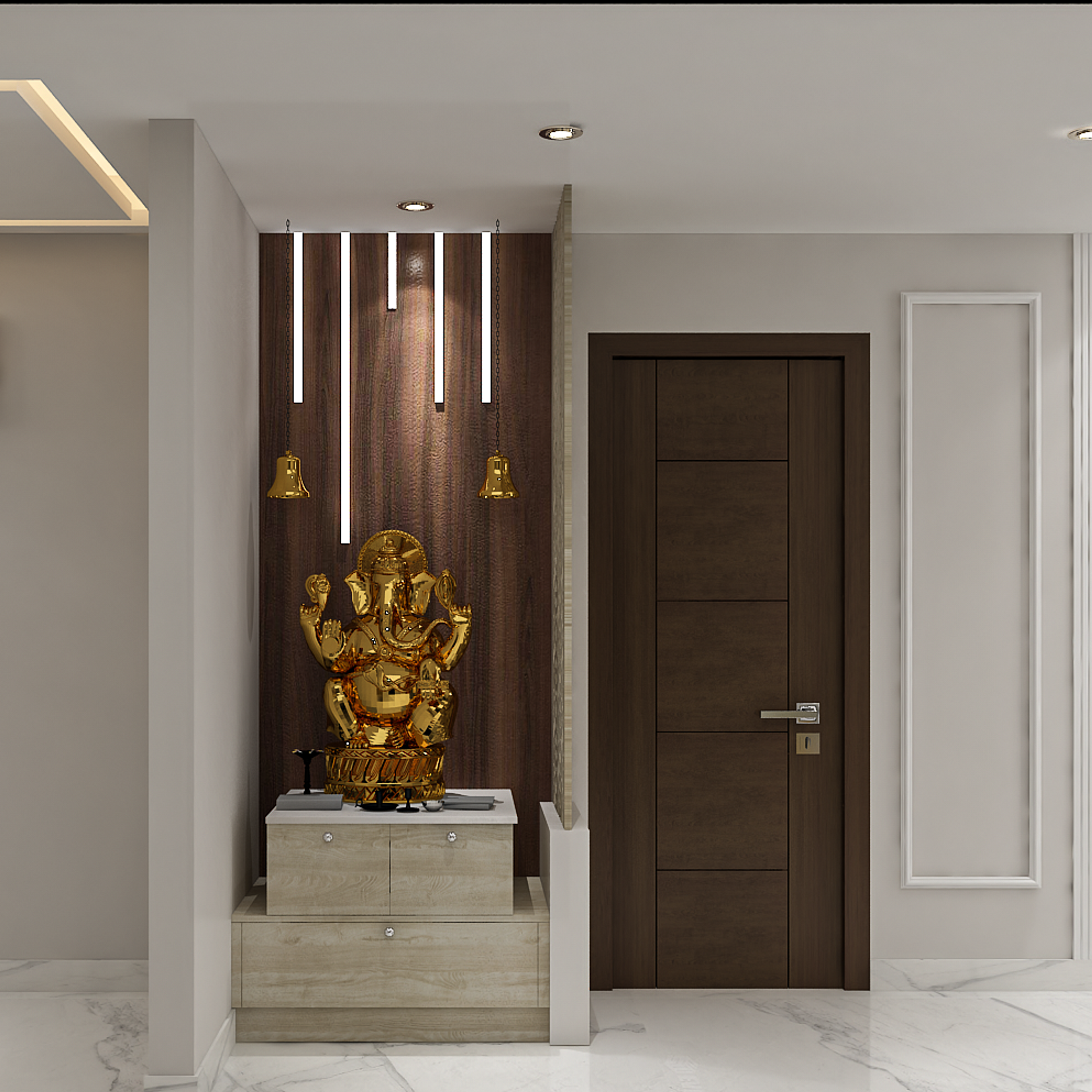Contemporary Pooja Room Design With Spacious Interiors
