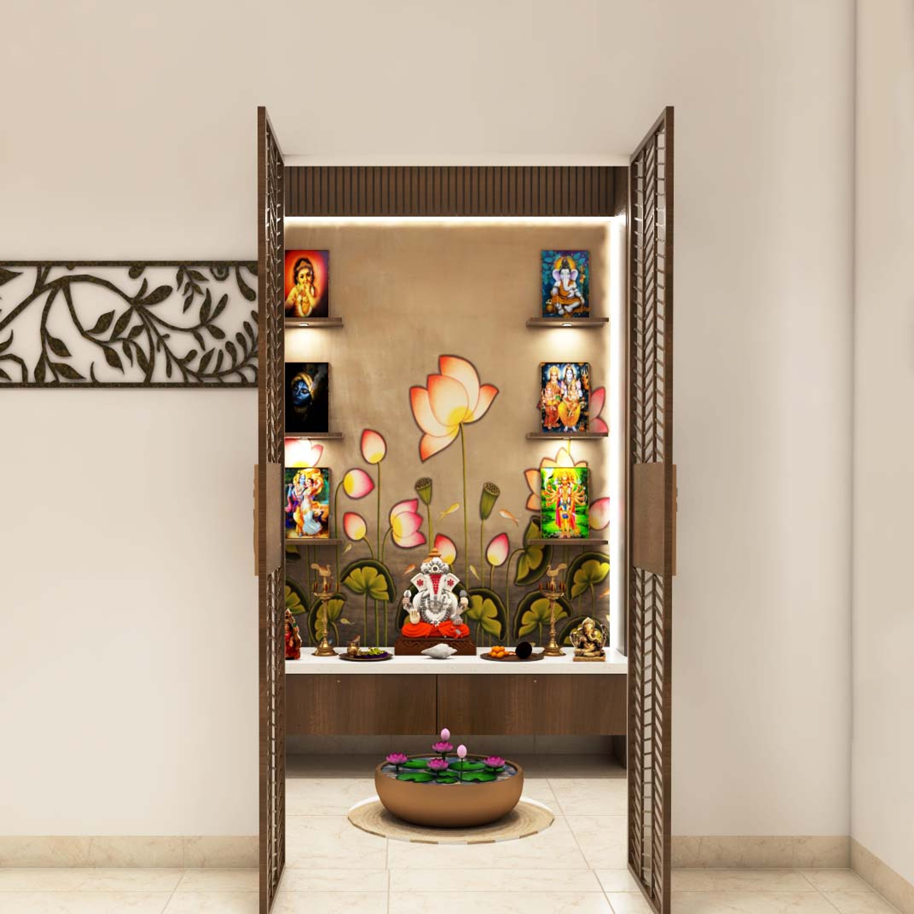 Classic Pooja Room Design With Jali Panelling