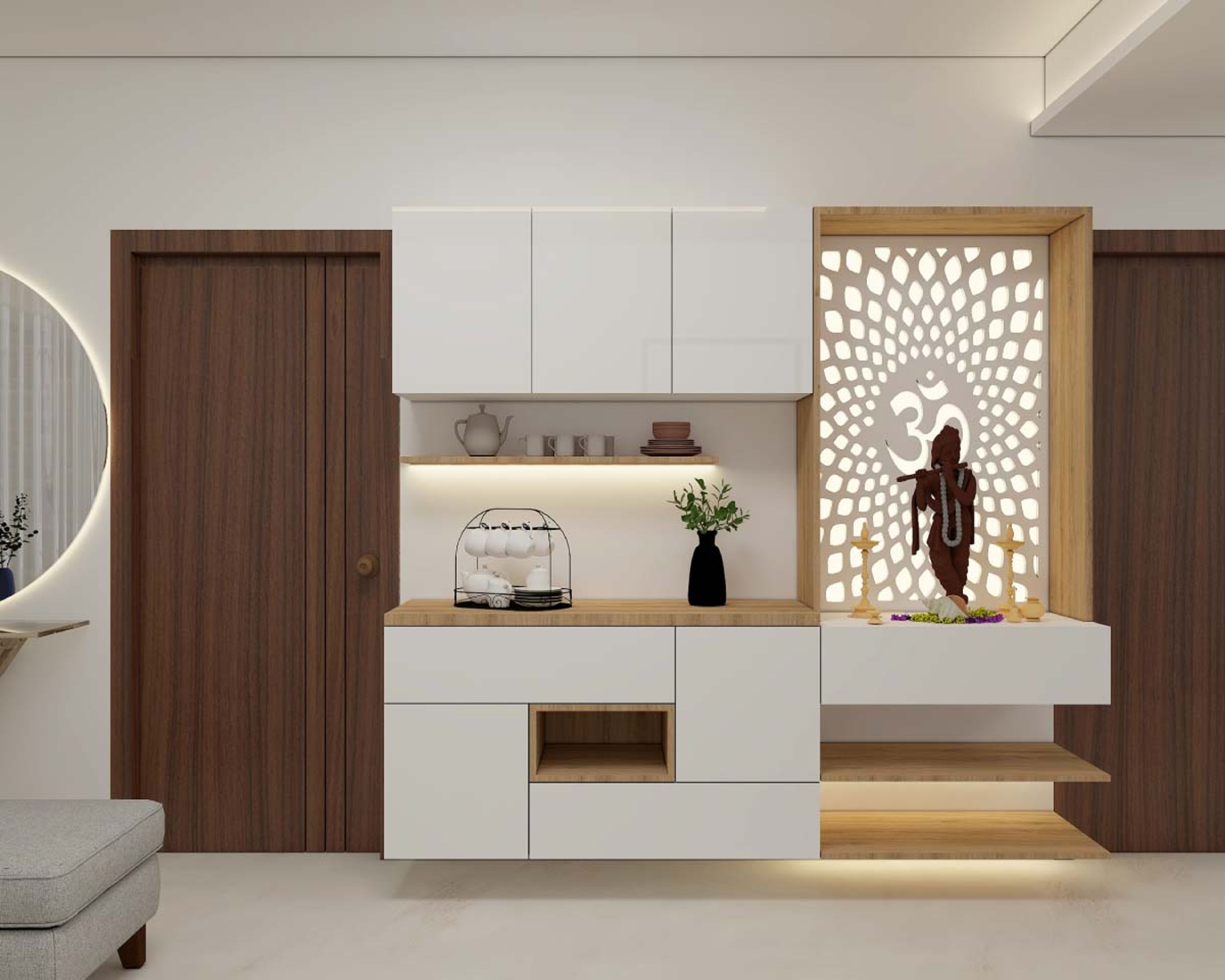 White-Themed Modern Style Pooja Room Design