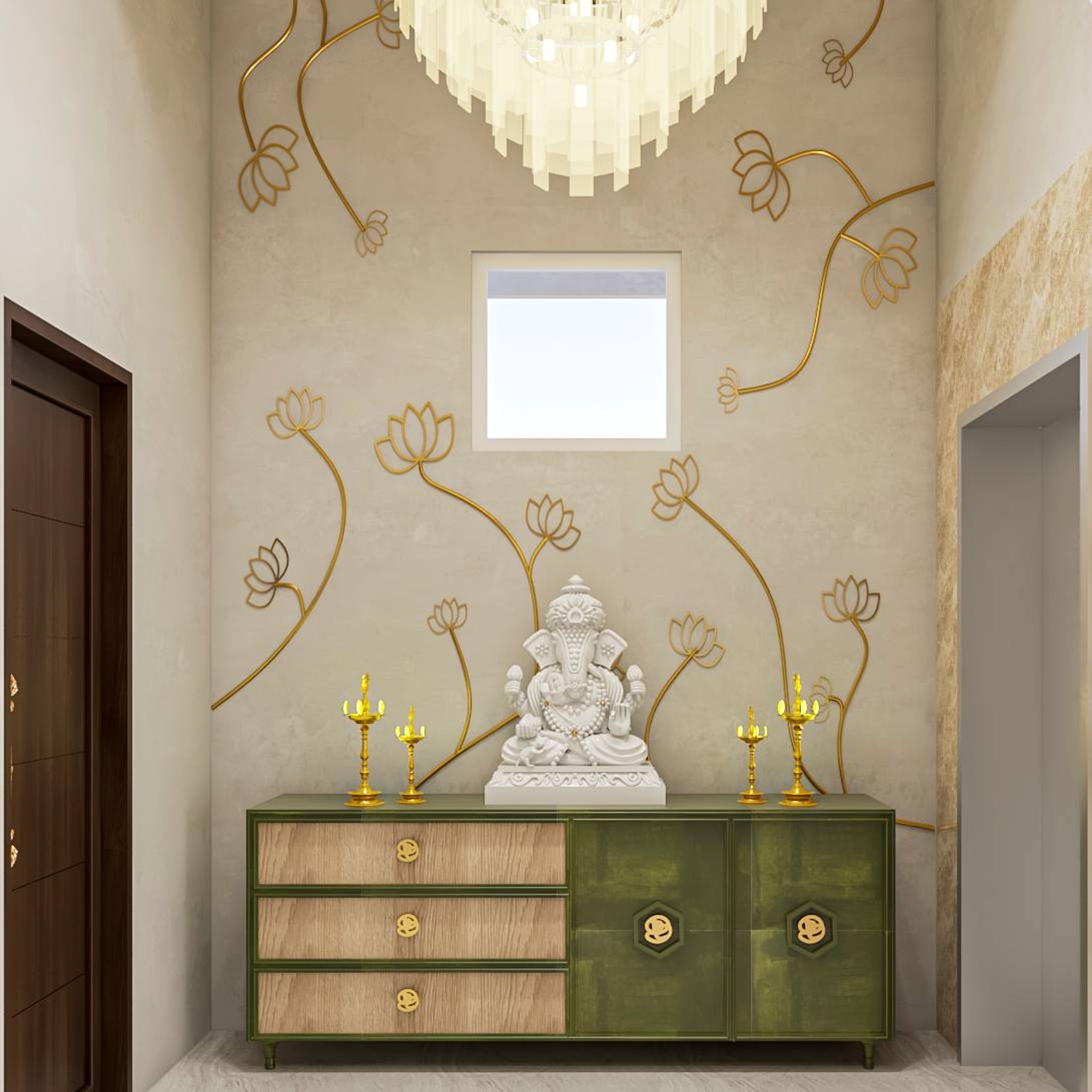 Indian Traditional Mandir Design With Beige Wallpaper