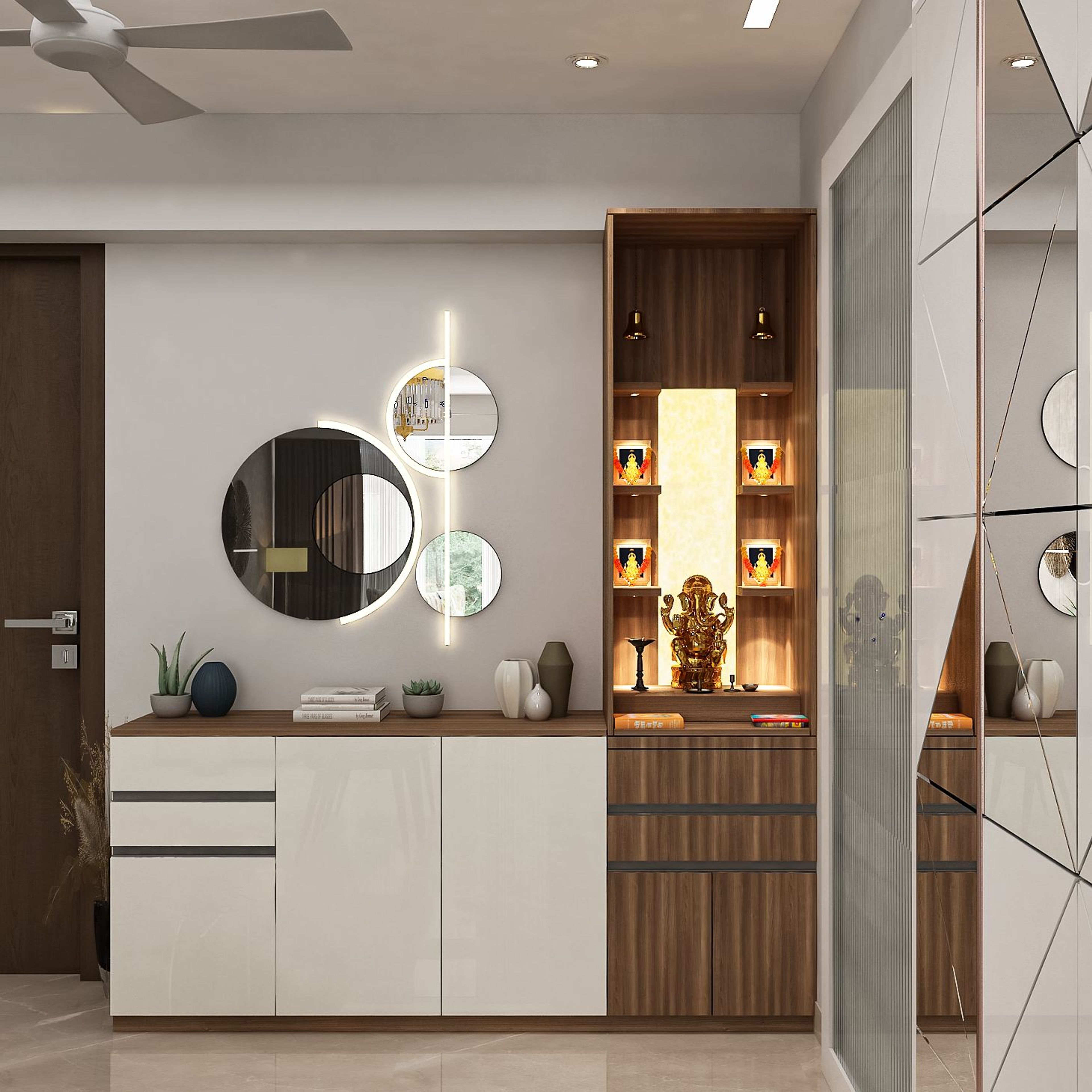 Modern Style Compact Mandir Design With A Wooden Finish