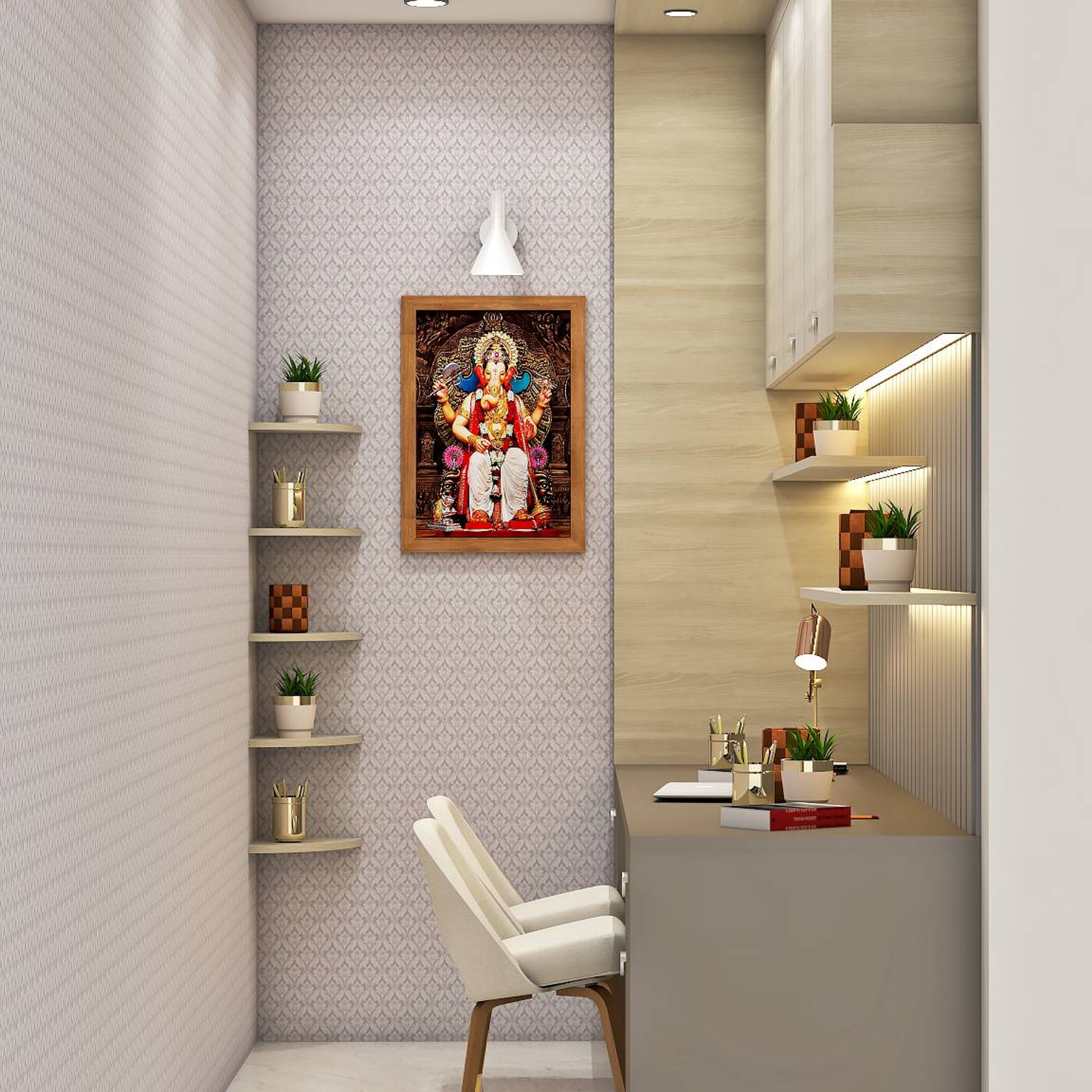 Compact Pooja Room Design With Patterned Wallpaper