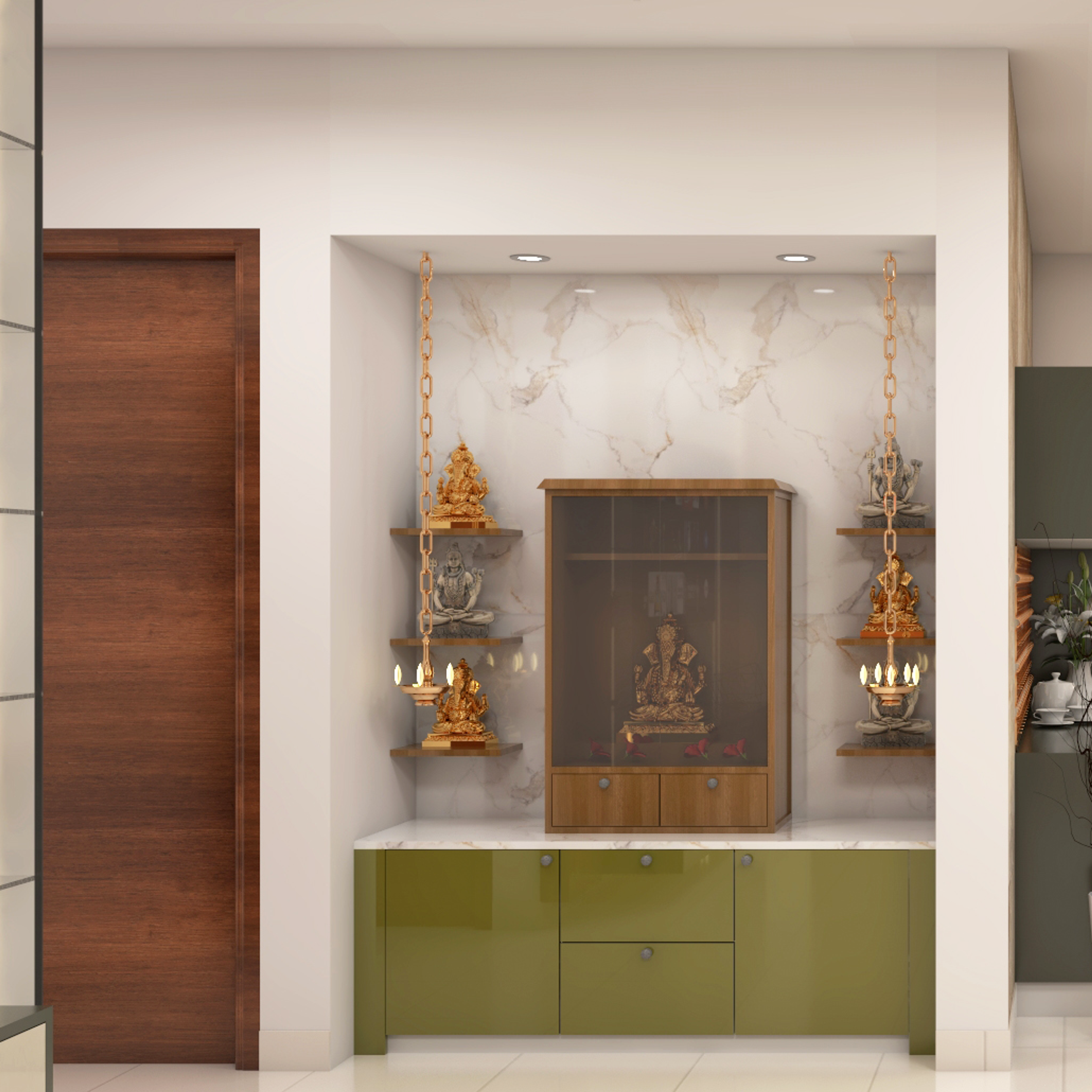 Modern Pooja Room Design With White Ledge And Green Cabinets