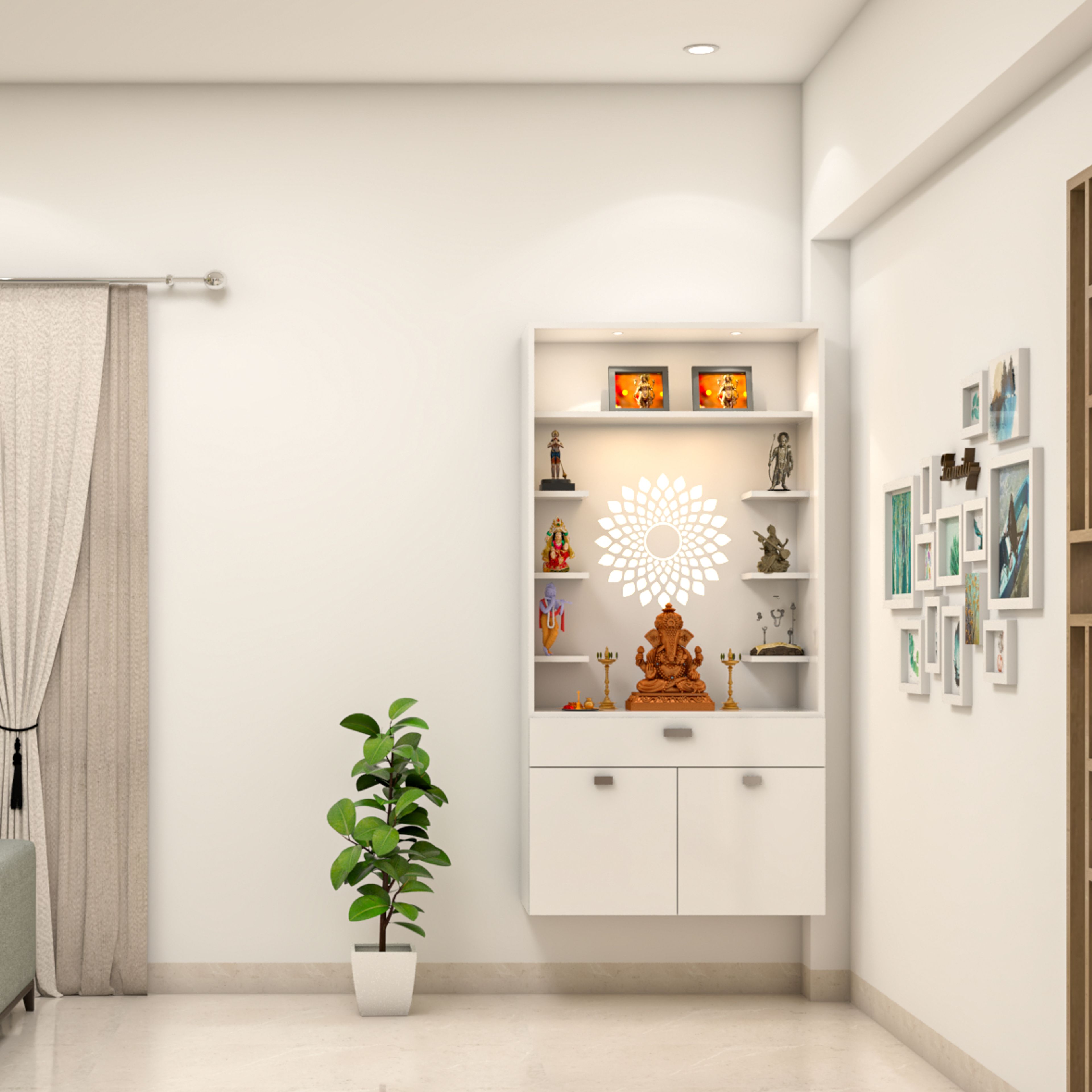 White And Chrome Modern Mandir Design With CNC Cut