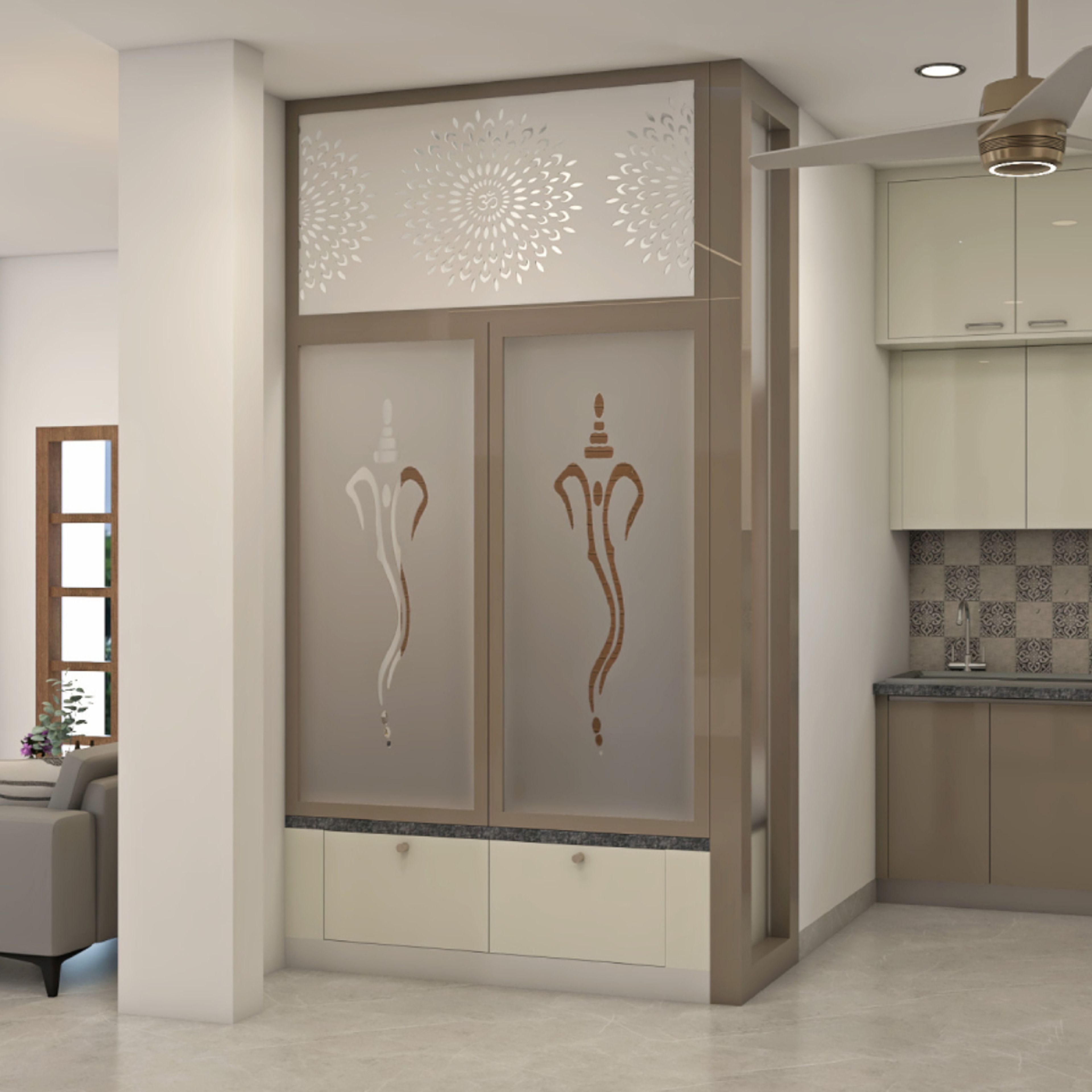 Beige And Cream Modern Mandir Design