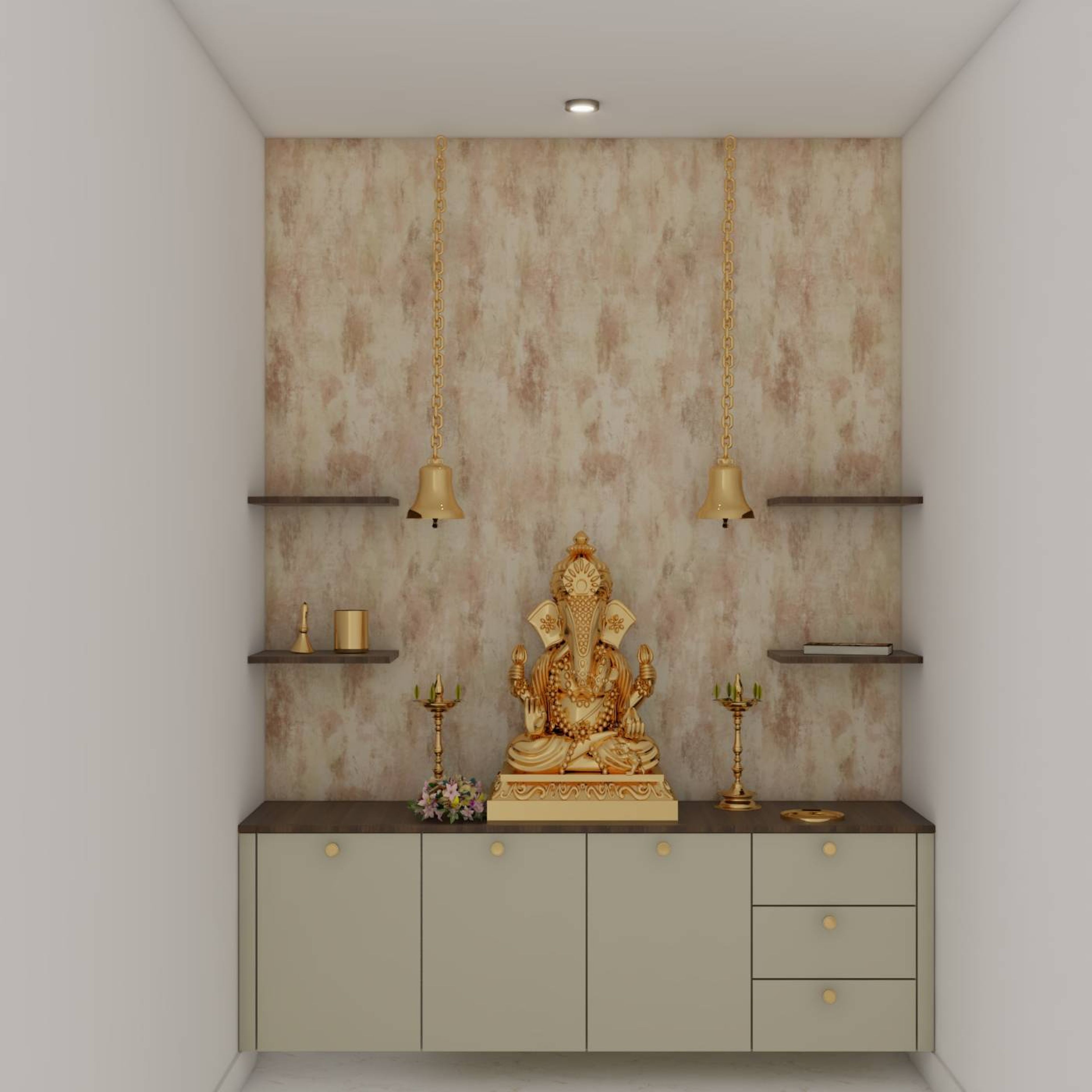 Contemporary Pooja Room Design With Storage Unit