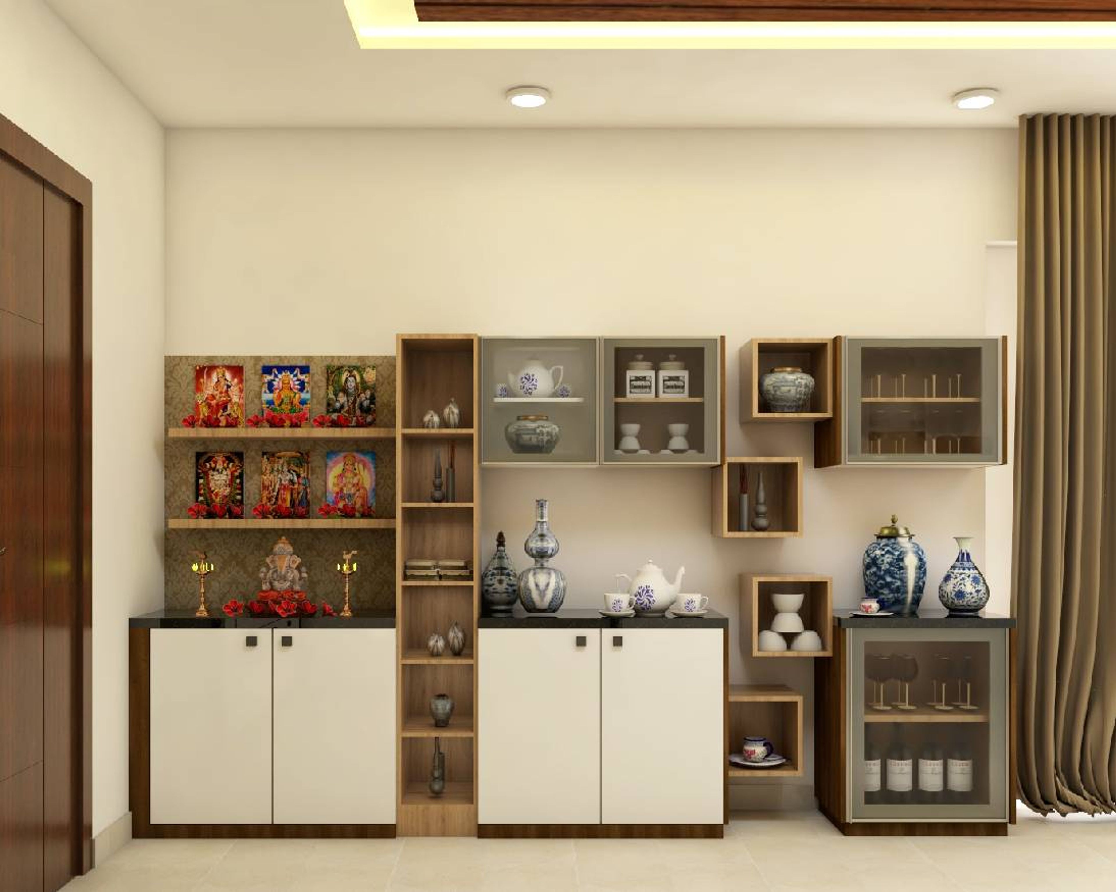 Modern Spacious Pooja Room Design With Ambient Lighting