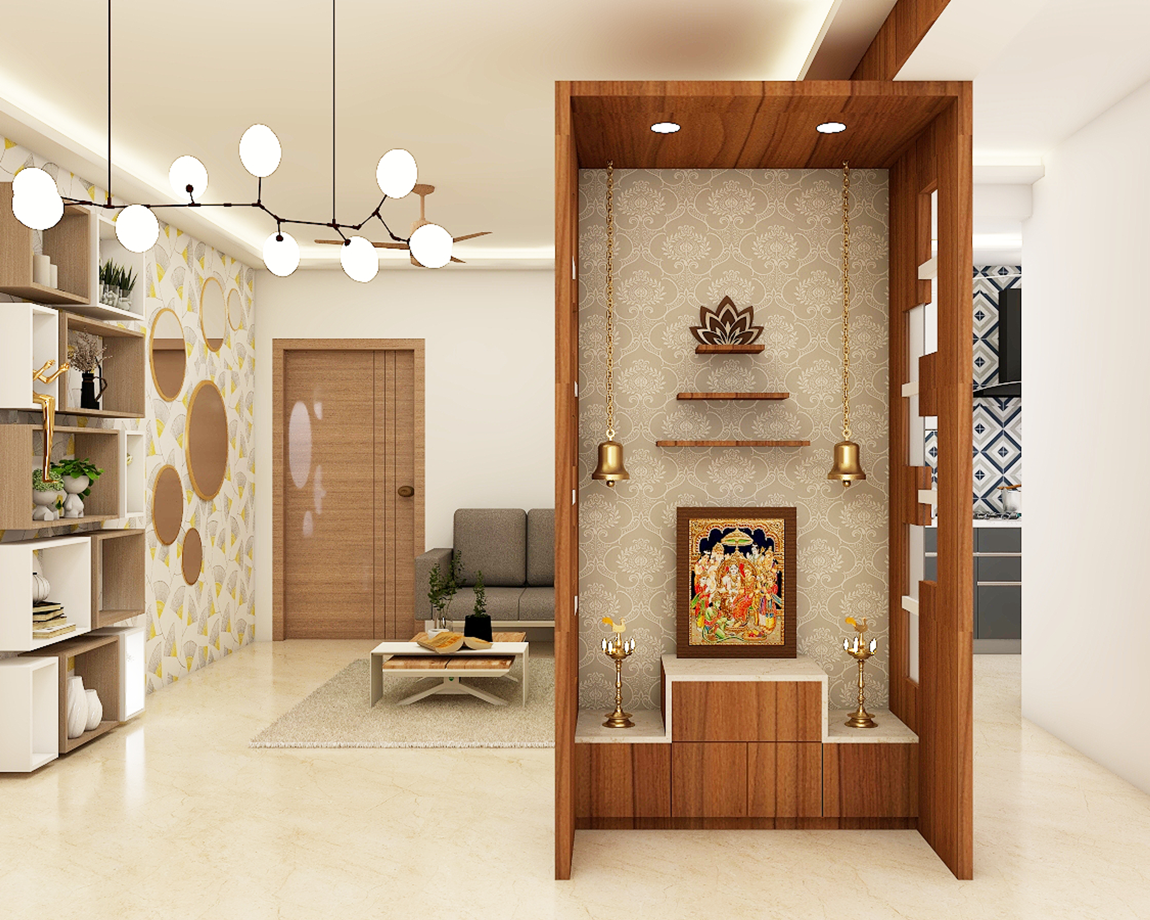 Compact Pooja Room Design With Wooden Frame And Platform