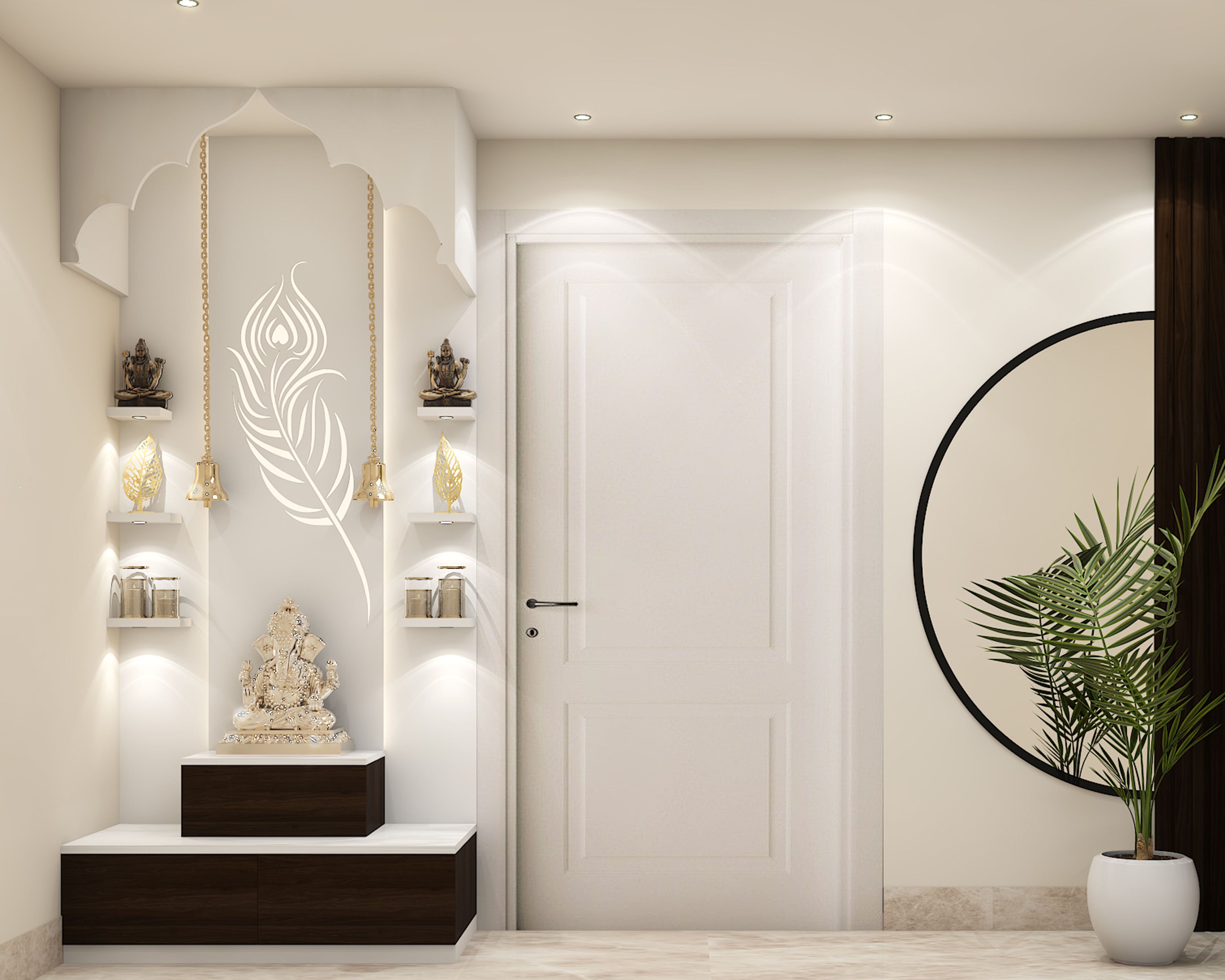 Modern White Pooja Room Design With Step Storage