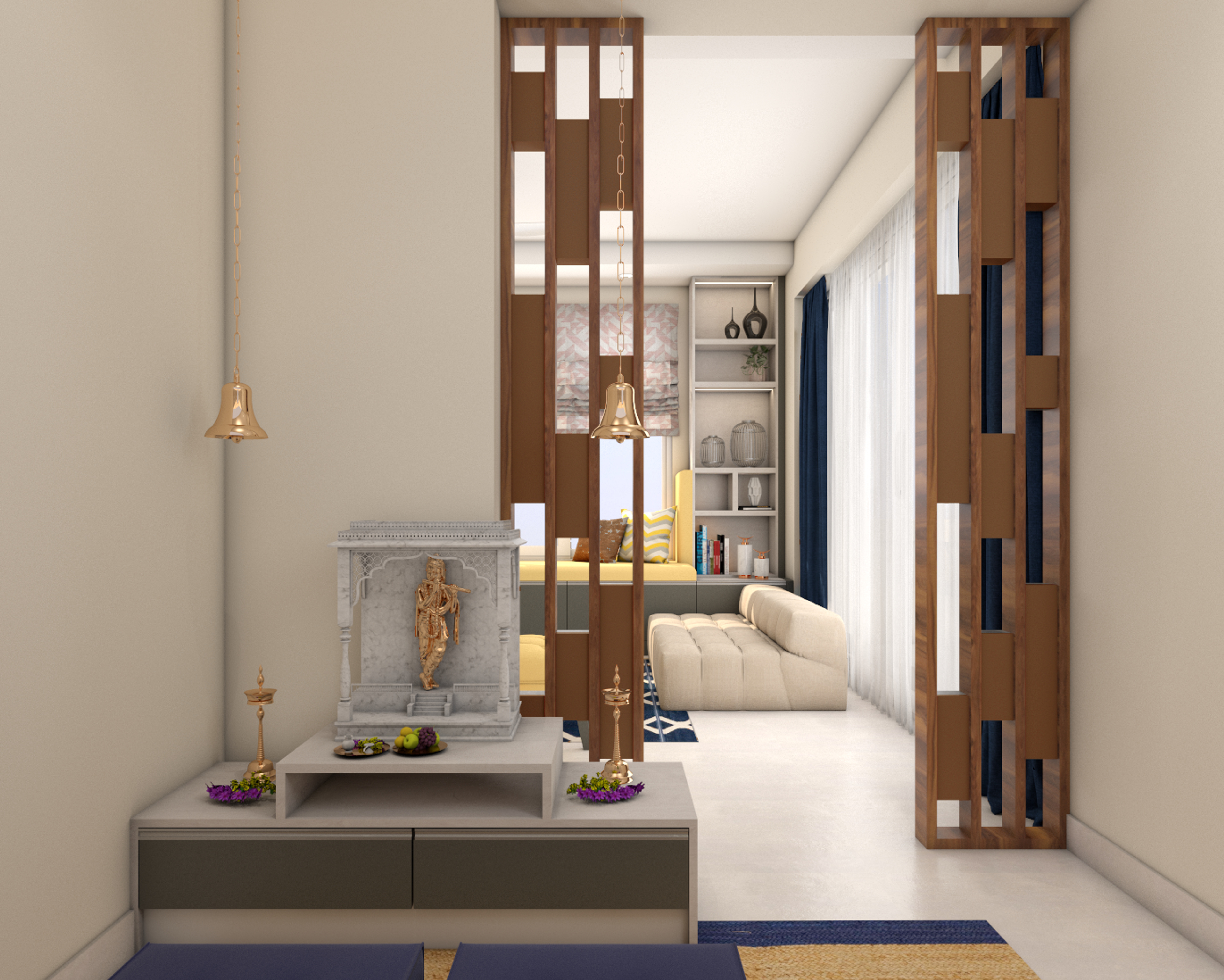 Contemporary White And Grey Pooja Unit Design With Wooden Partition