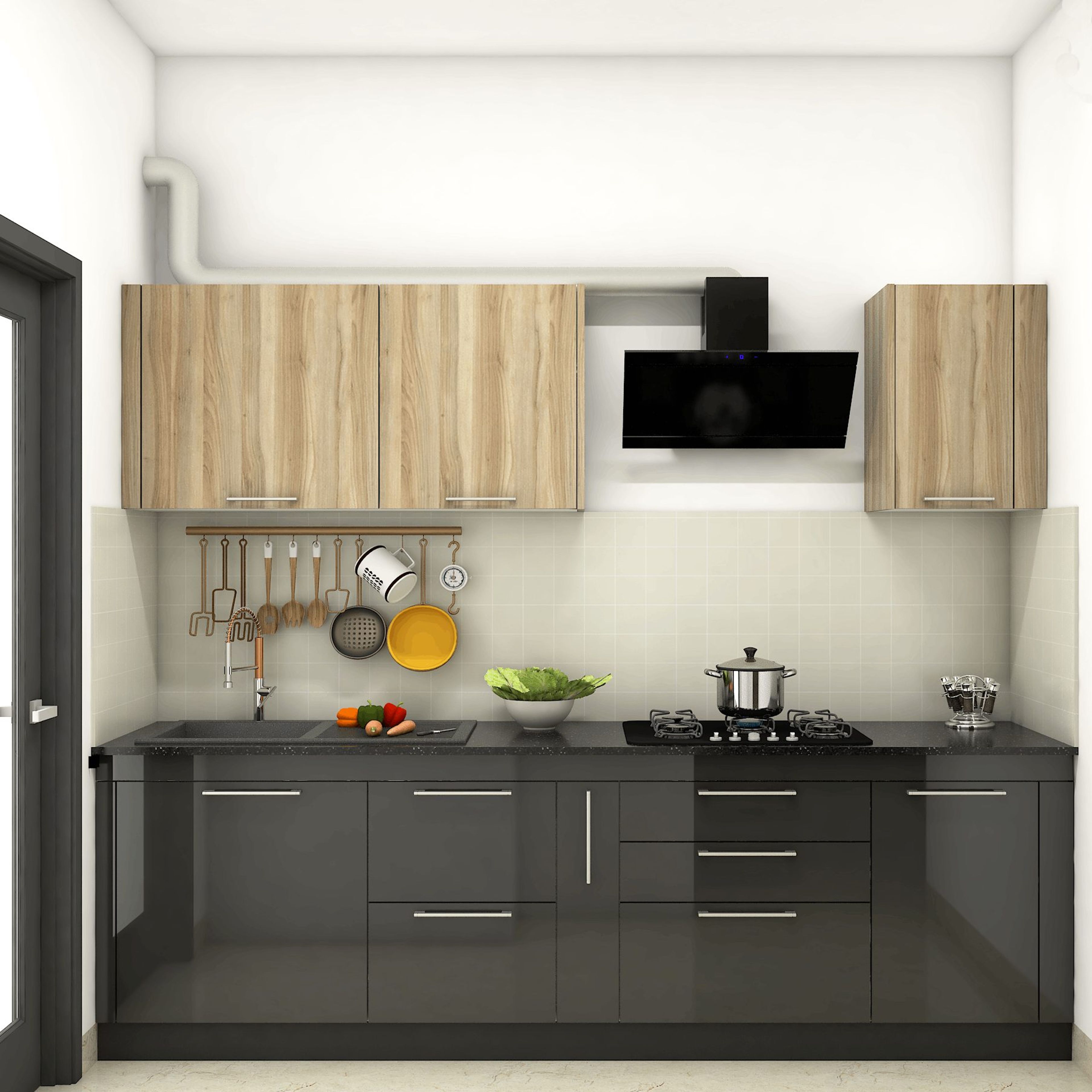 Modern Modular Kitchen Design With Black And Wood Cabinets