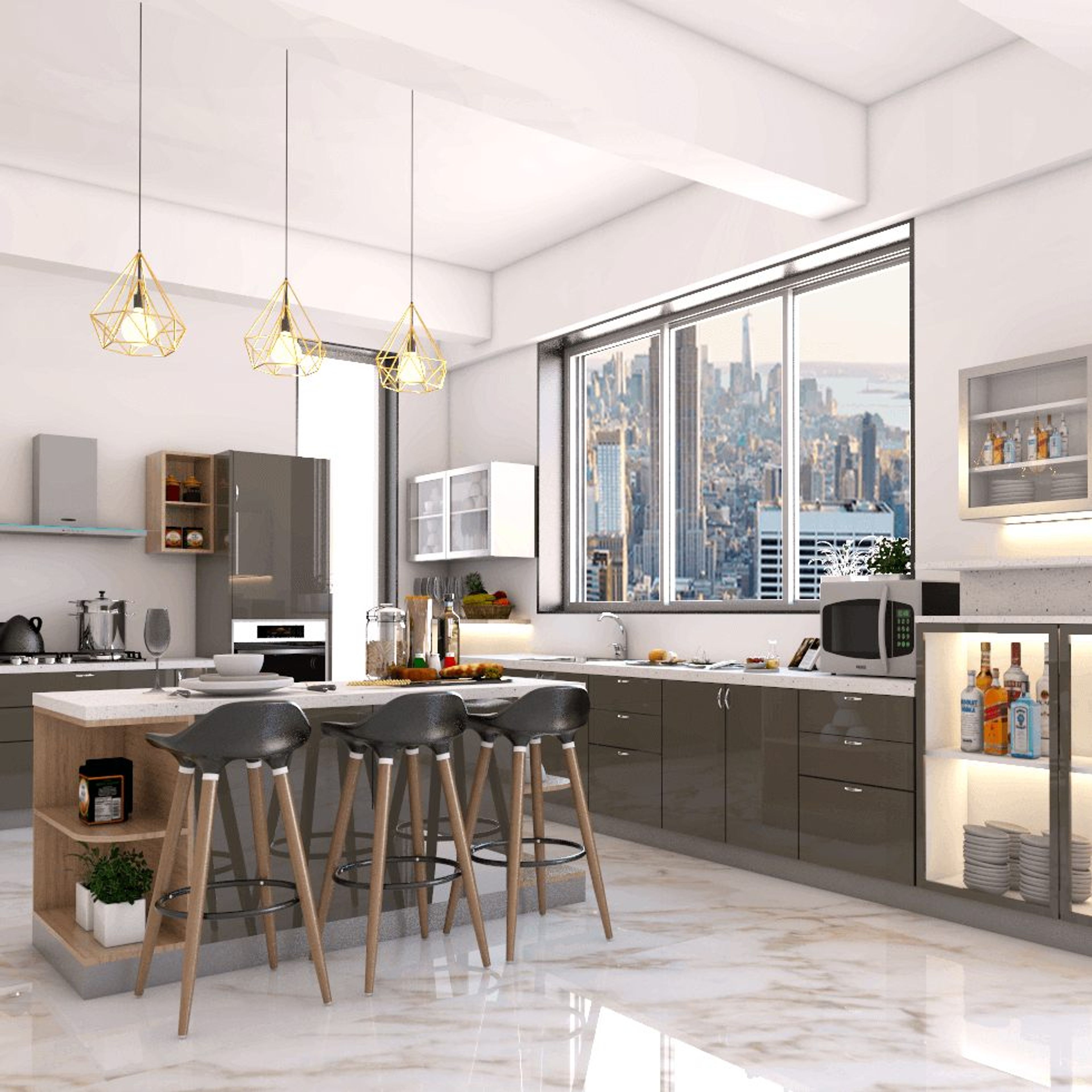 Modern Open Kitchen Design With Glossy Shutters And Kitchen Island