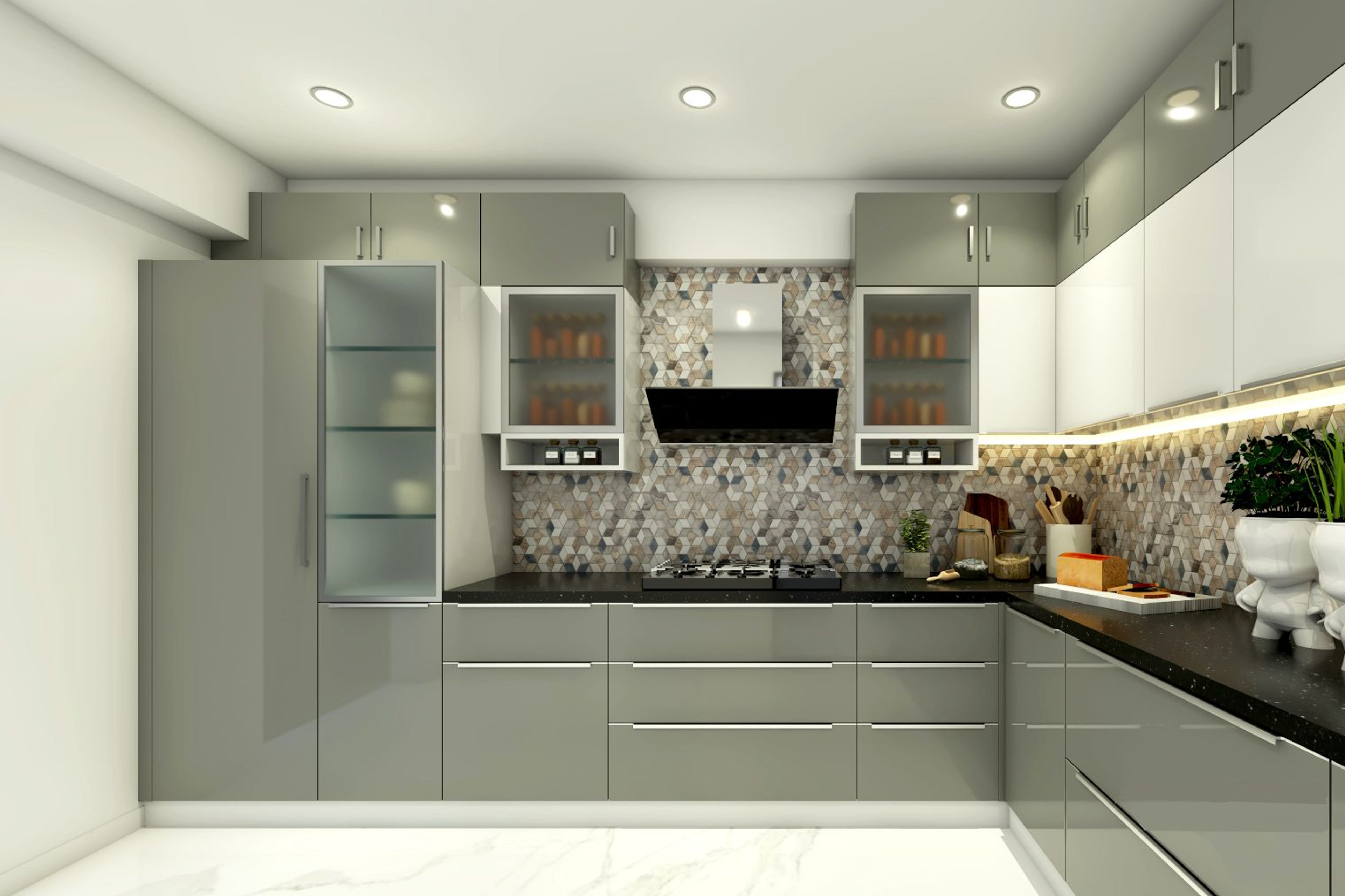 Modern L-Shaped Modular Kitchen Design In Grey