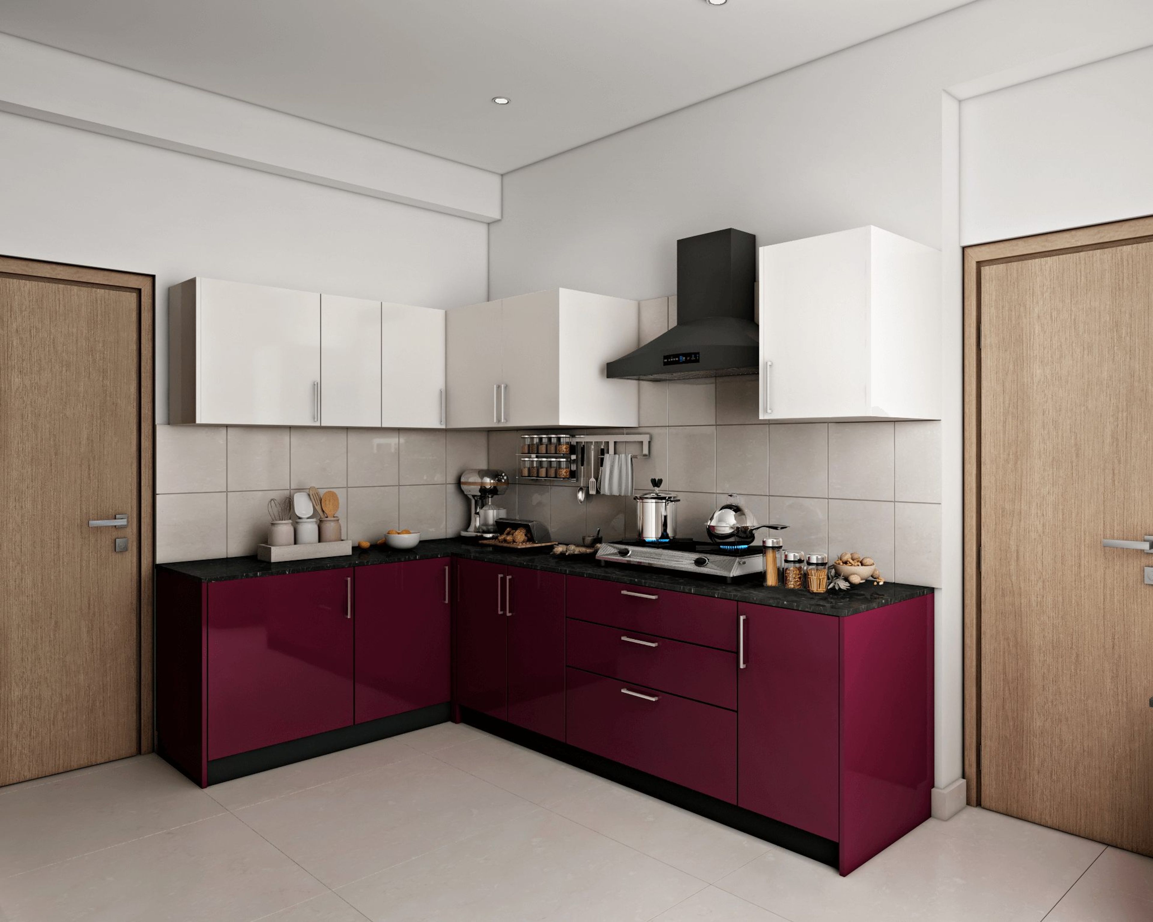 Contemporary L-Shaped Red And White Kitchen Design
