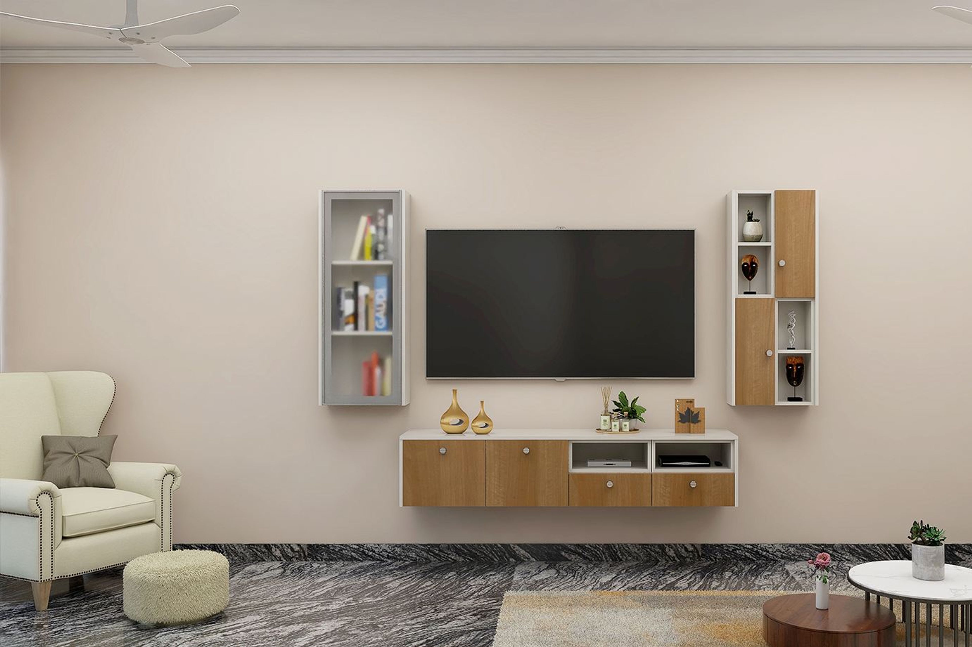 Modern TV Unit Design With Cabinets And Shelves