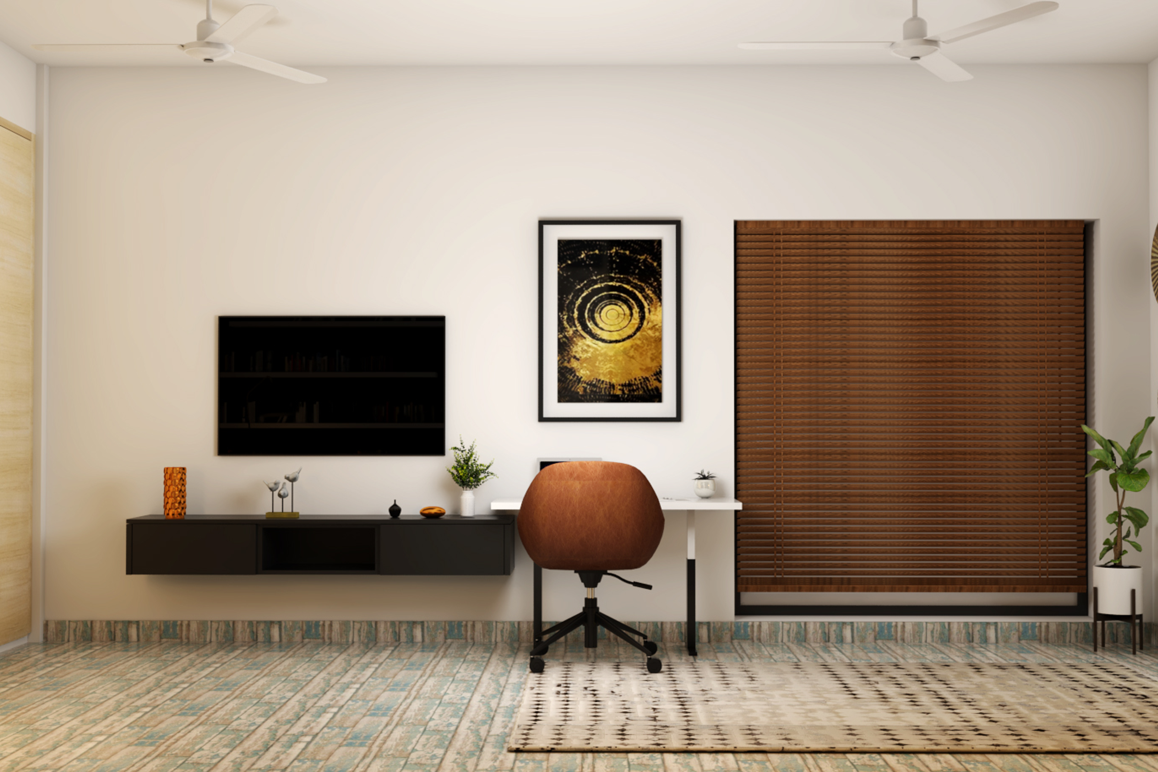 Spacious Modern Black TV Unit Design With Study Table