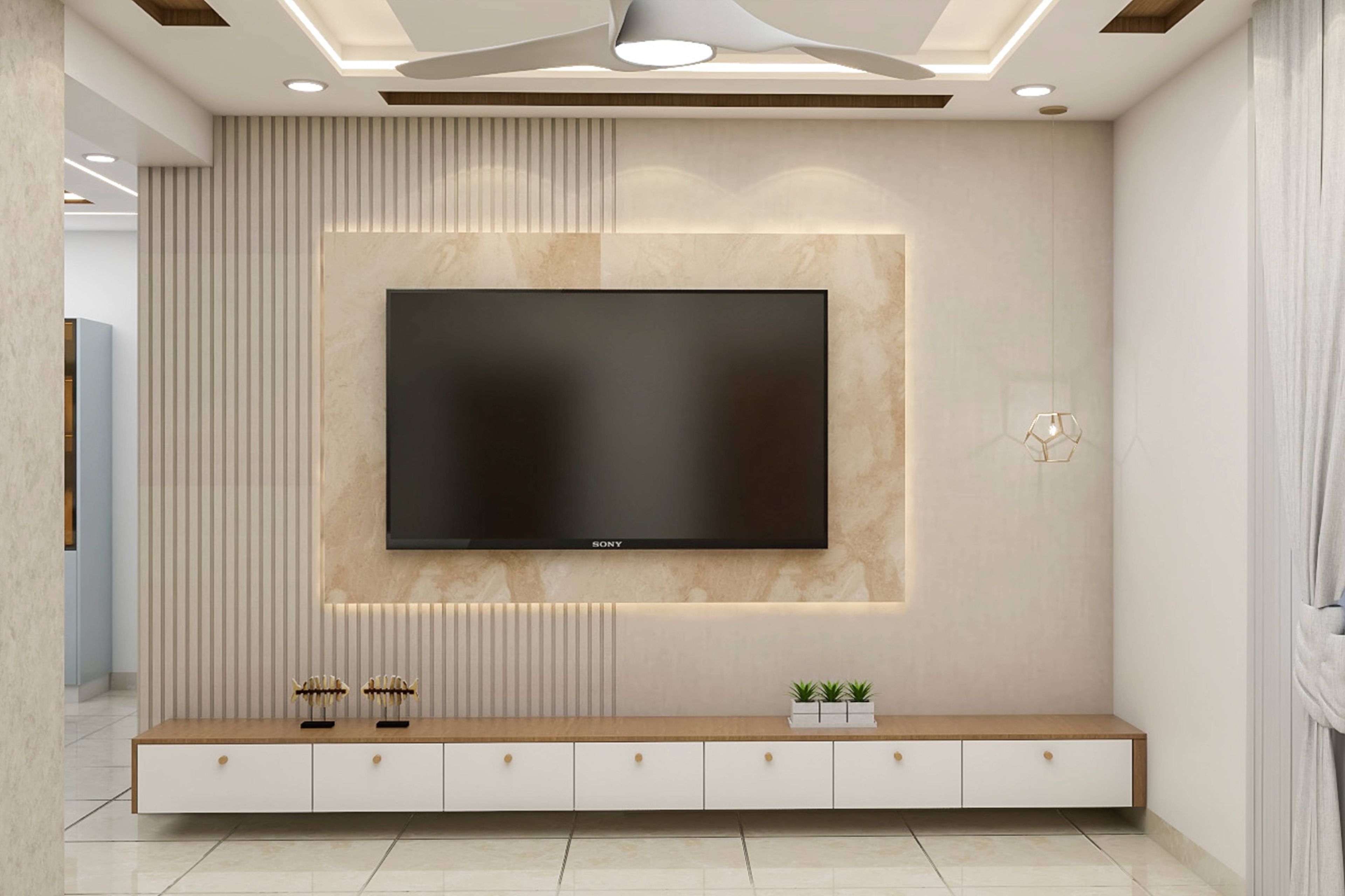Contemporary Spacious TV Unit Design With Beige Finish