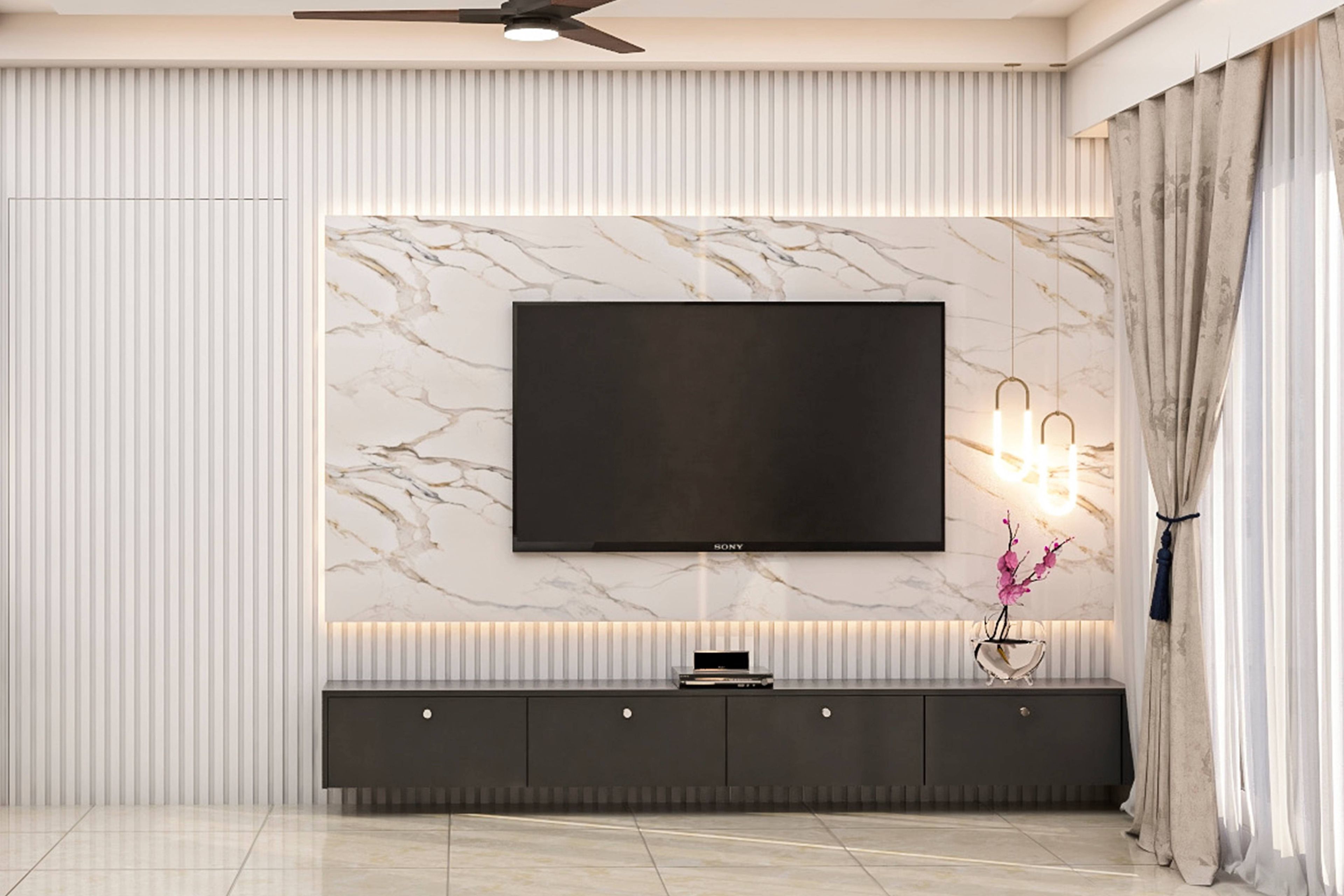 White Marble Finished TV Unit Design With Contemporary Decor