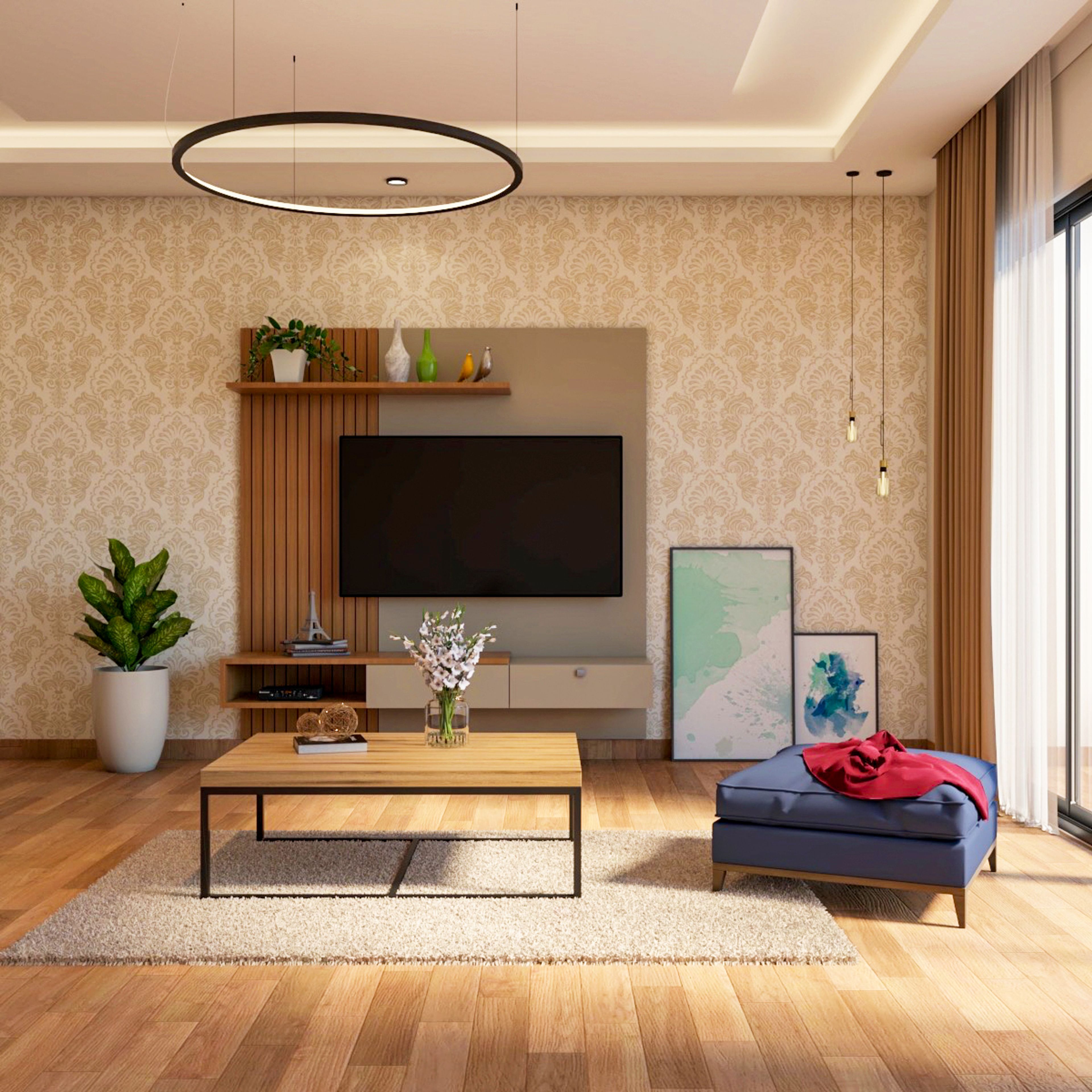 Modern TV Unit Design With Wooden Fluted Panels And Grey Backdrop