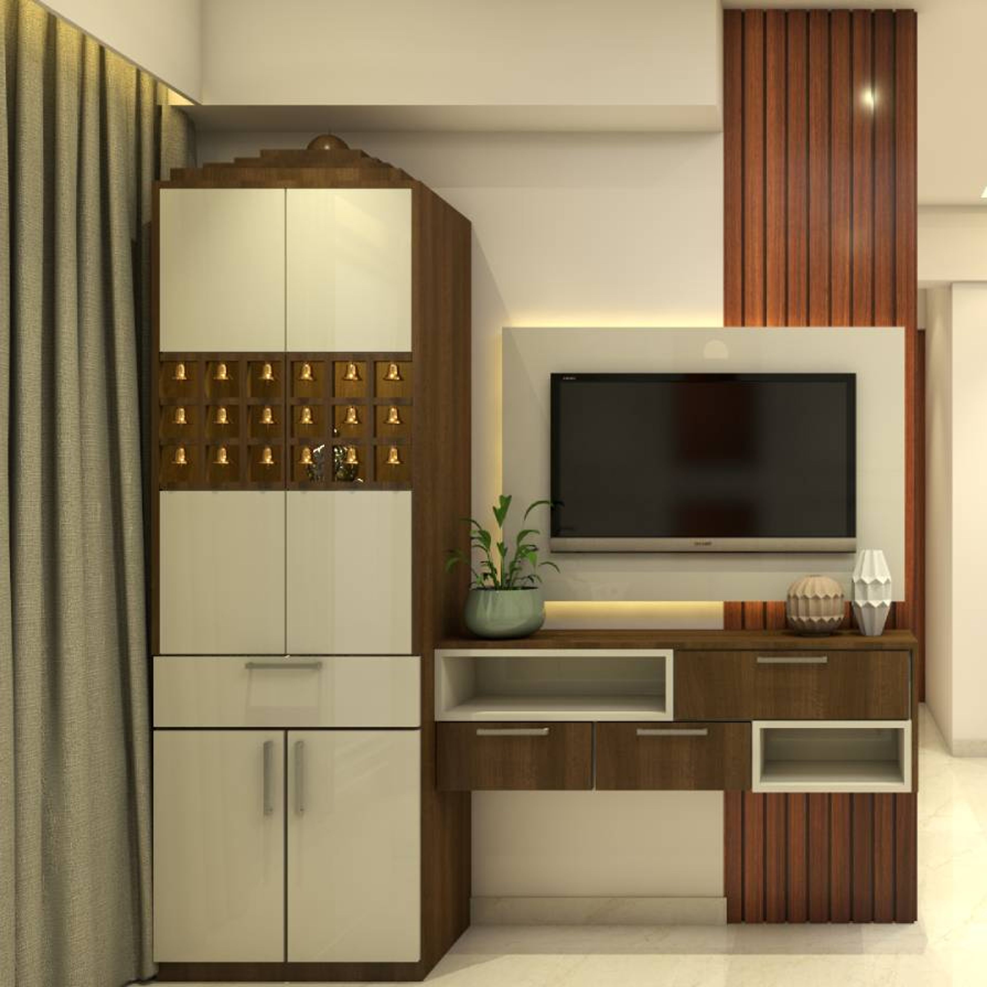 Wooden Themed Contemporary TV Unit Design With Plain White Wall