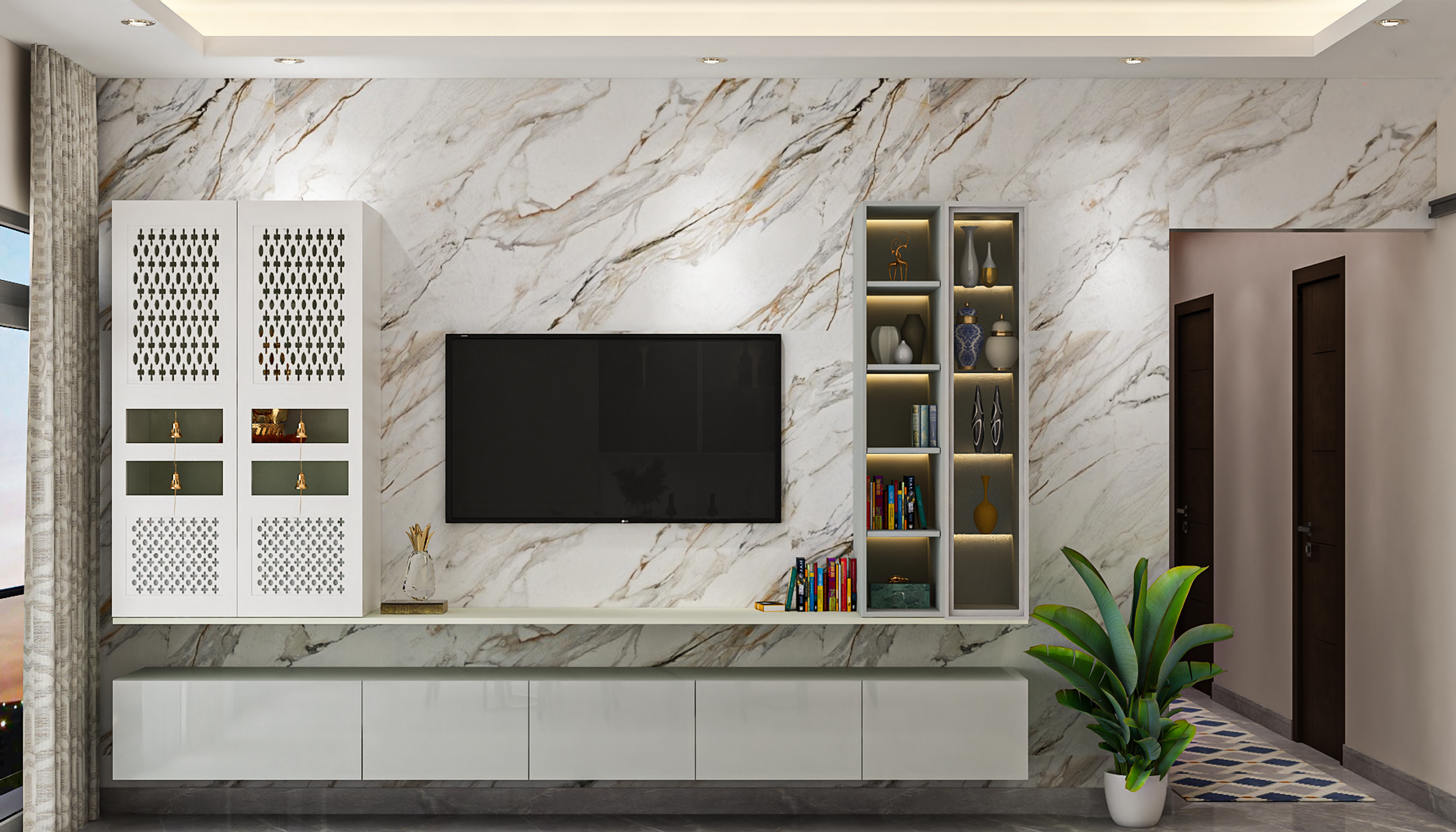 Contemporary TV Unit Design With Small Pooja Unit