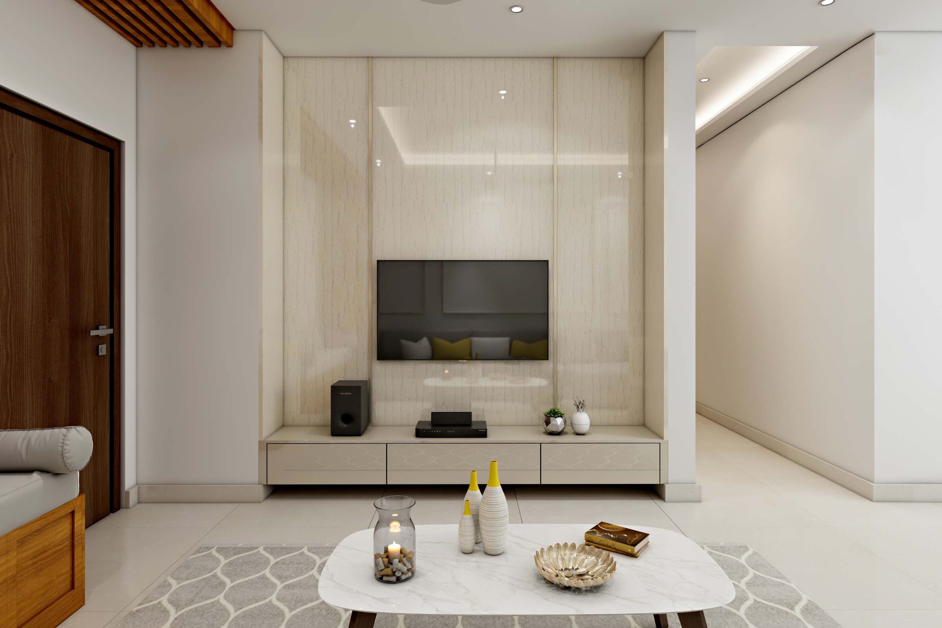 Beige Contemporary TV Unit Design With Storage Space