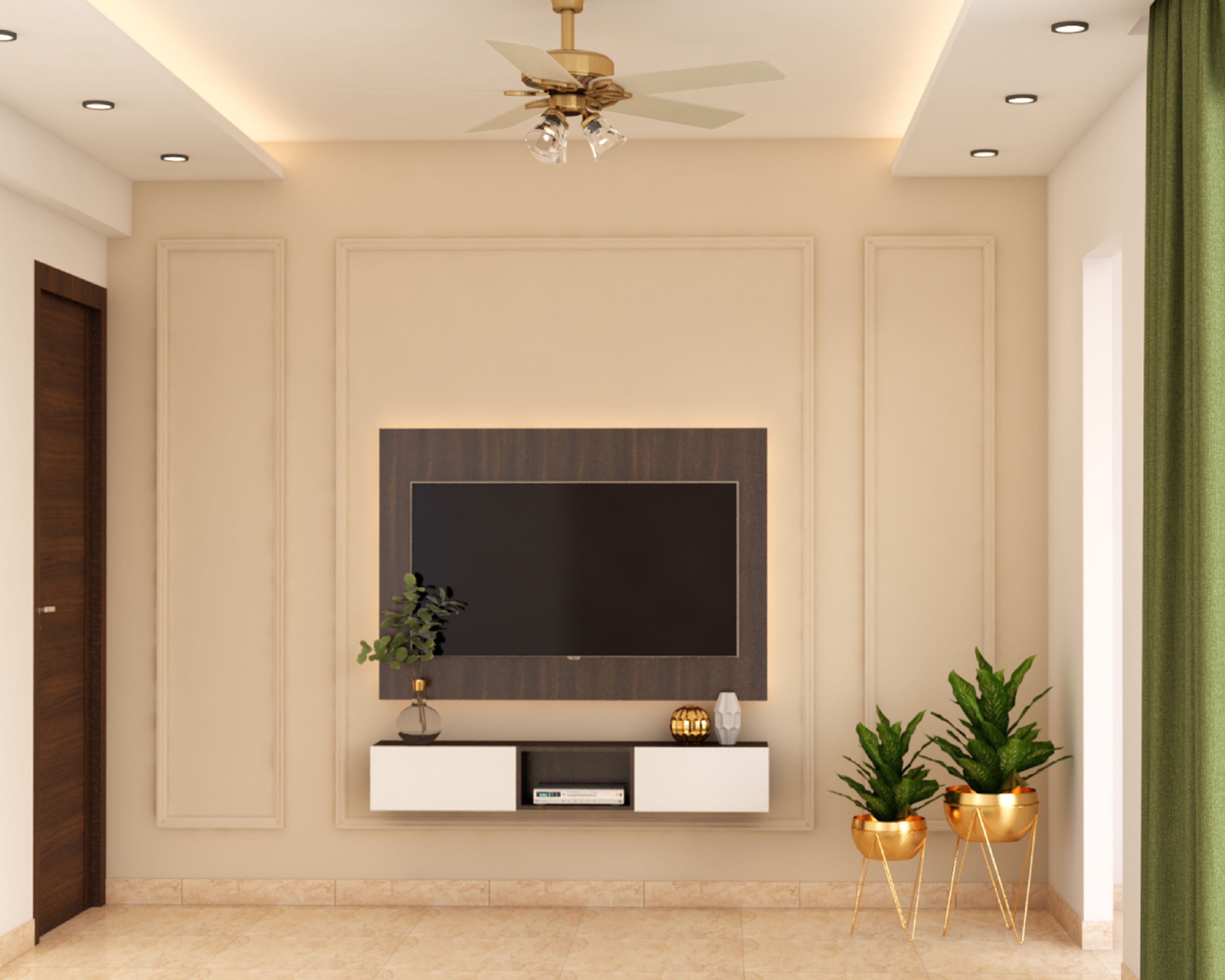 Wall-Mounted TV Unit Design With Wooden Grain Wall
