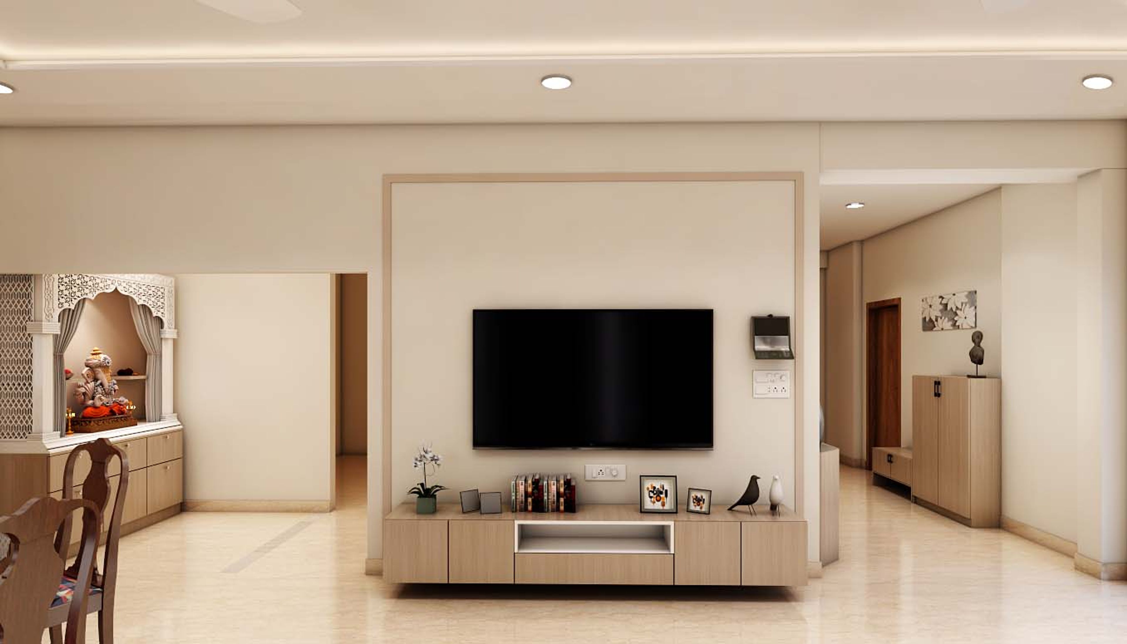 Wall-Mounted TV Unit With Open And Closed Storage And Wooden Back Panel - Livspace