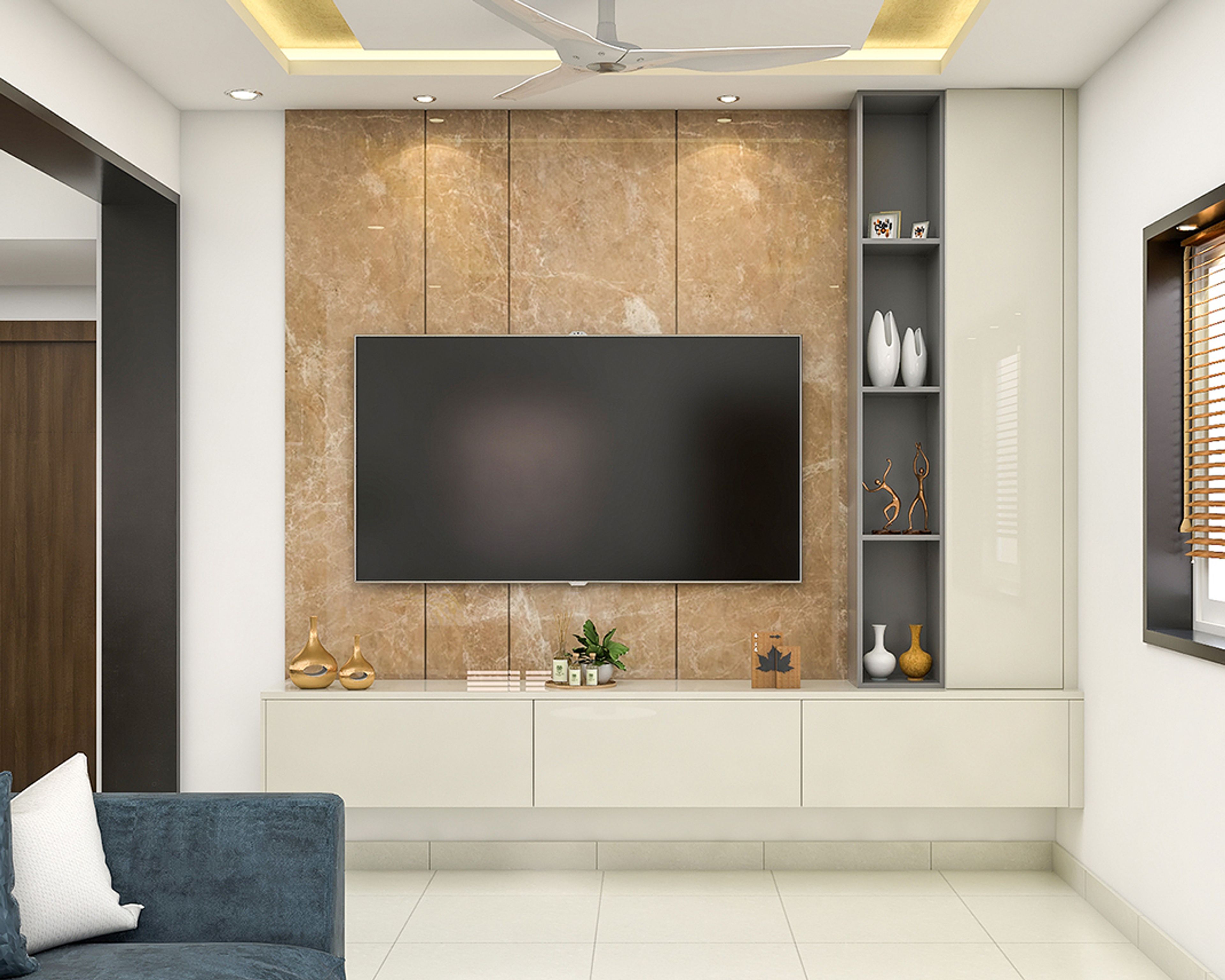 Modern TV Unit Design With Cream-Coloured Console And Marble Panel