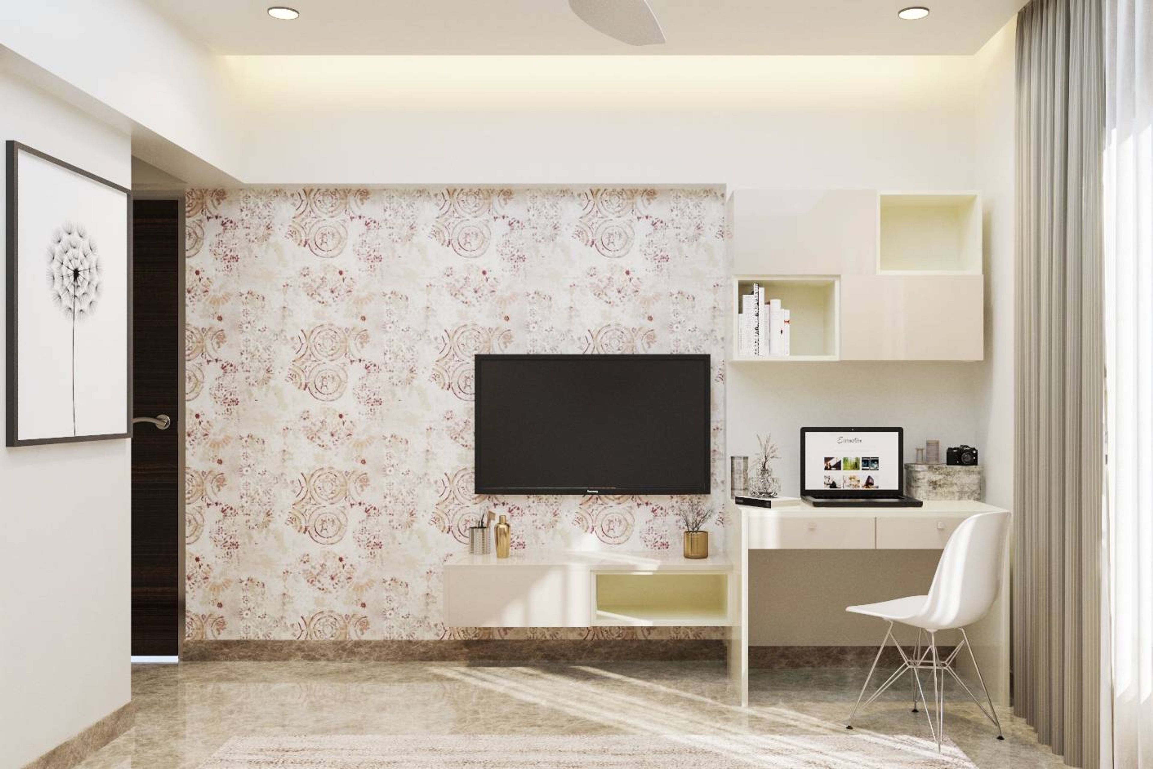 TV Unit Design With Beige Patterned Wallpaper - Livspace