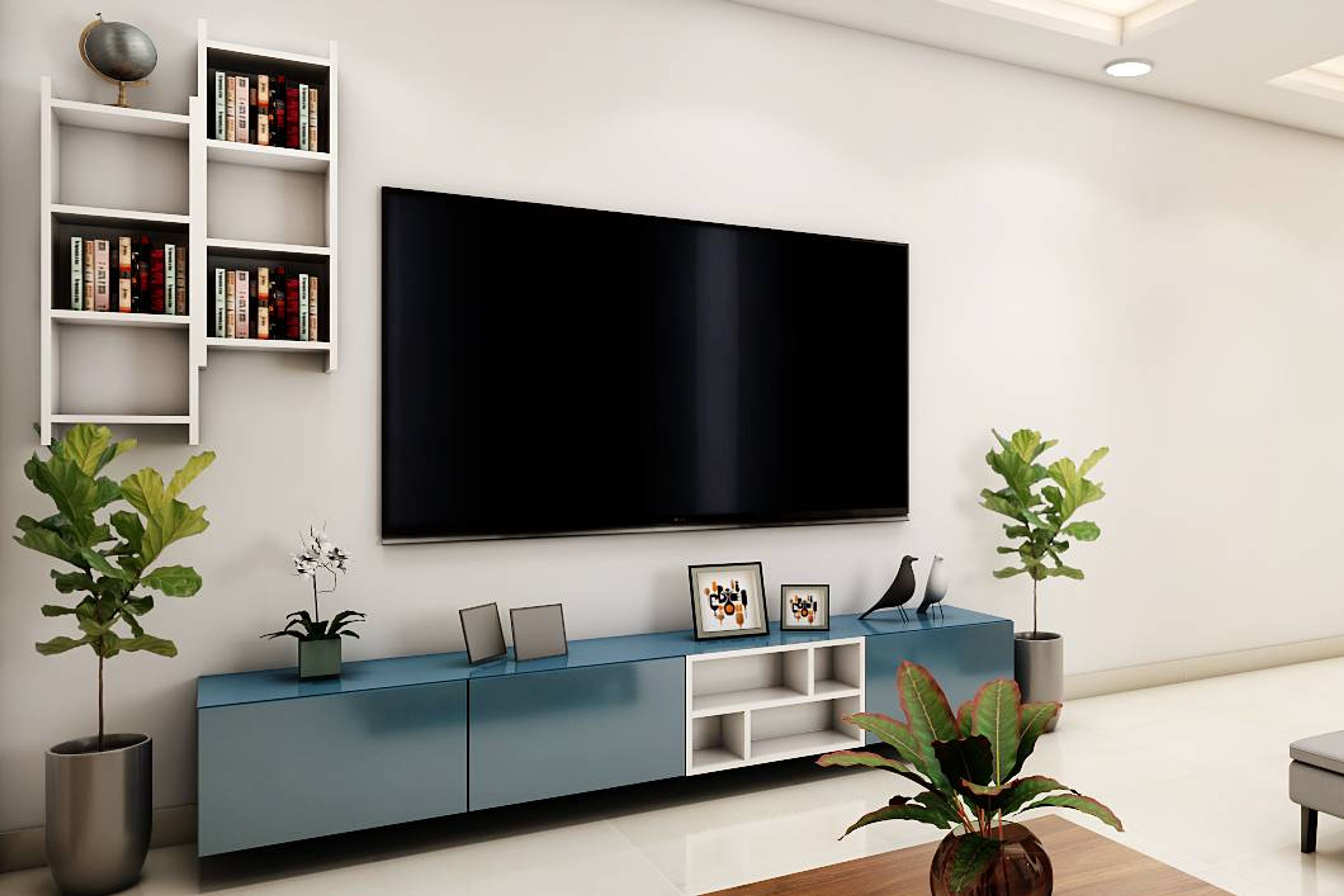 Contemporary TV Unit Design With White Shelves