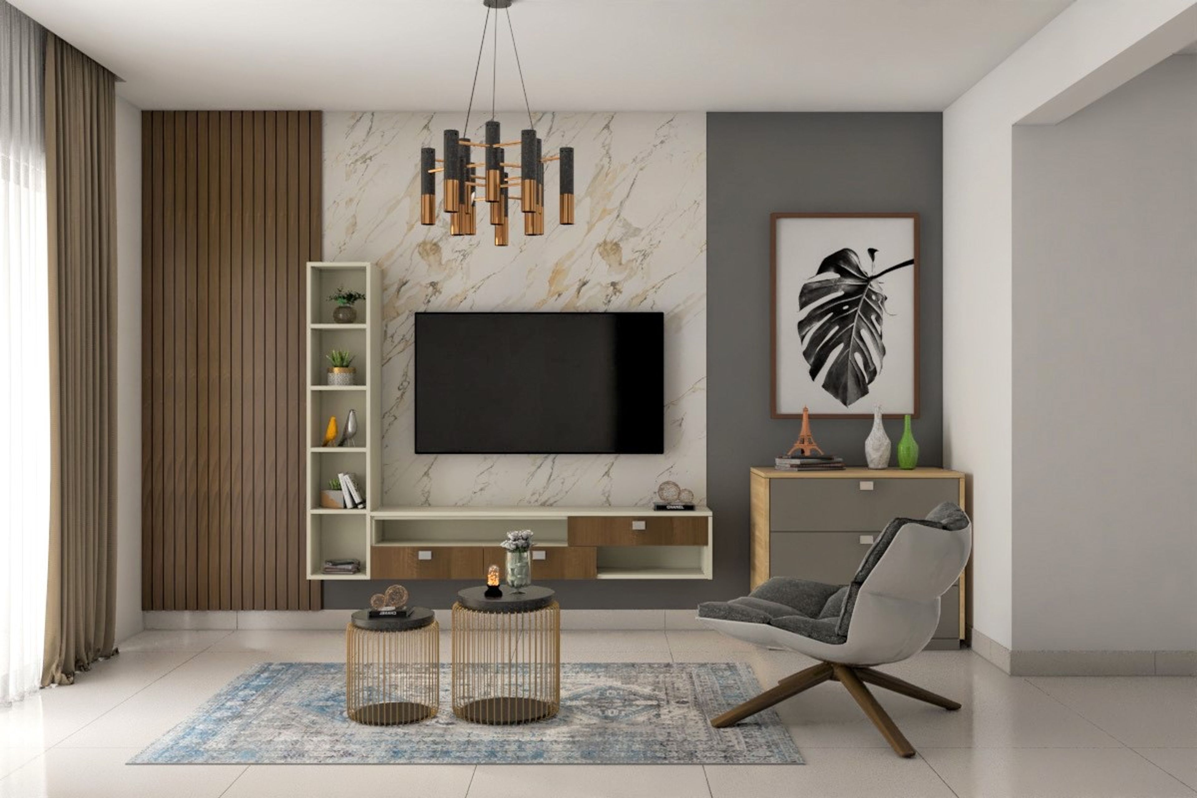 Modern TV Unit Design with Fluted Panels and Marble Backdrop