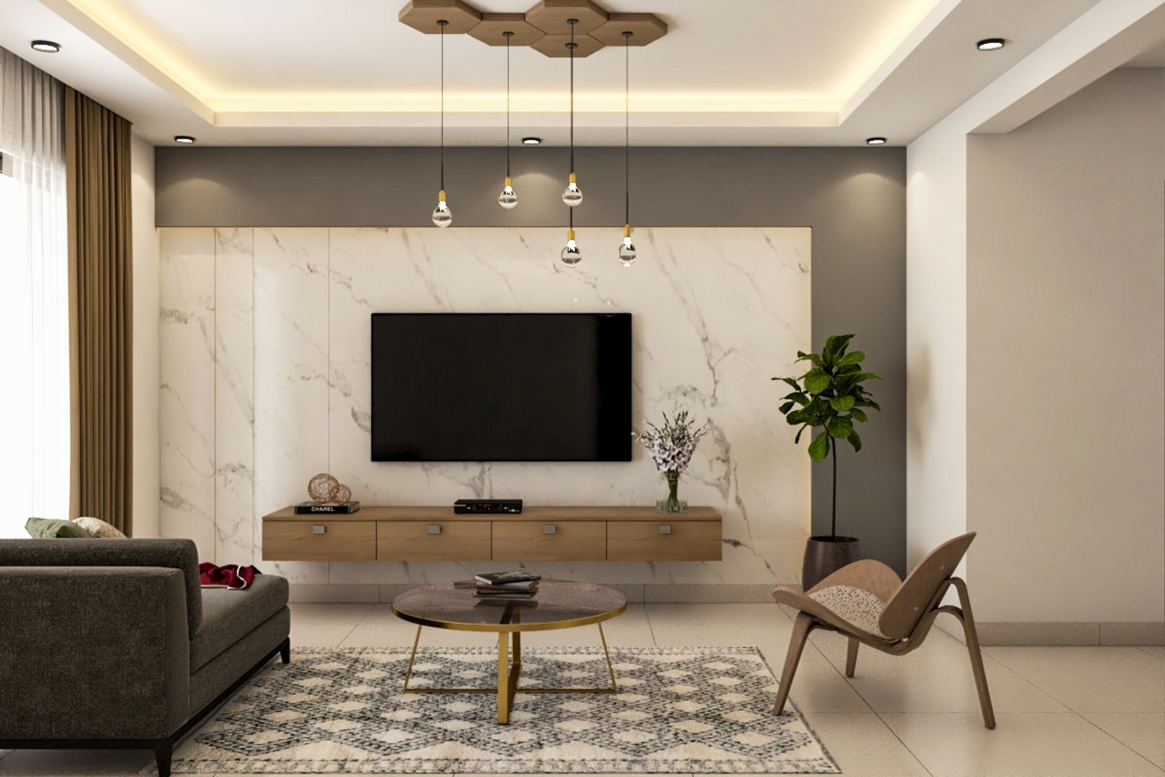"Modern TV Unit Design With Marble Wall And Wooden Console "