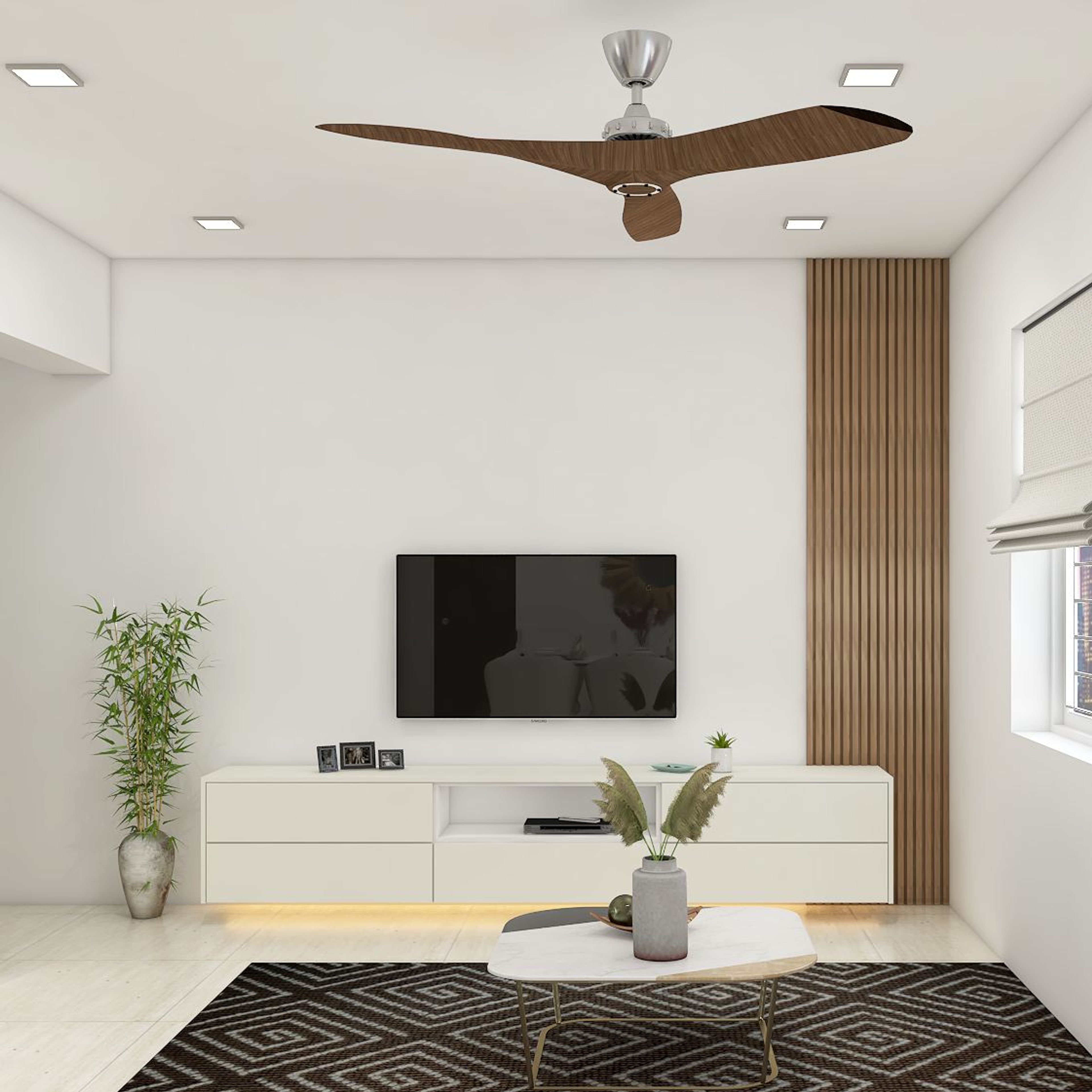 Minimal Spacious TV Unit Design In White And Wood