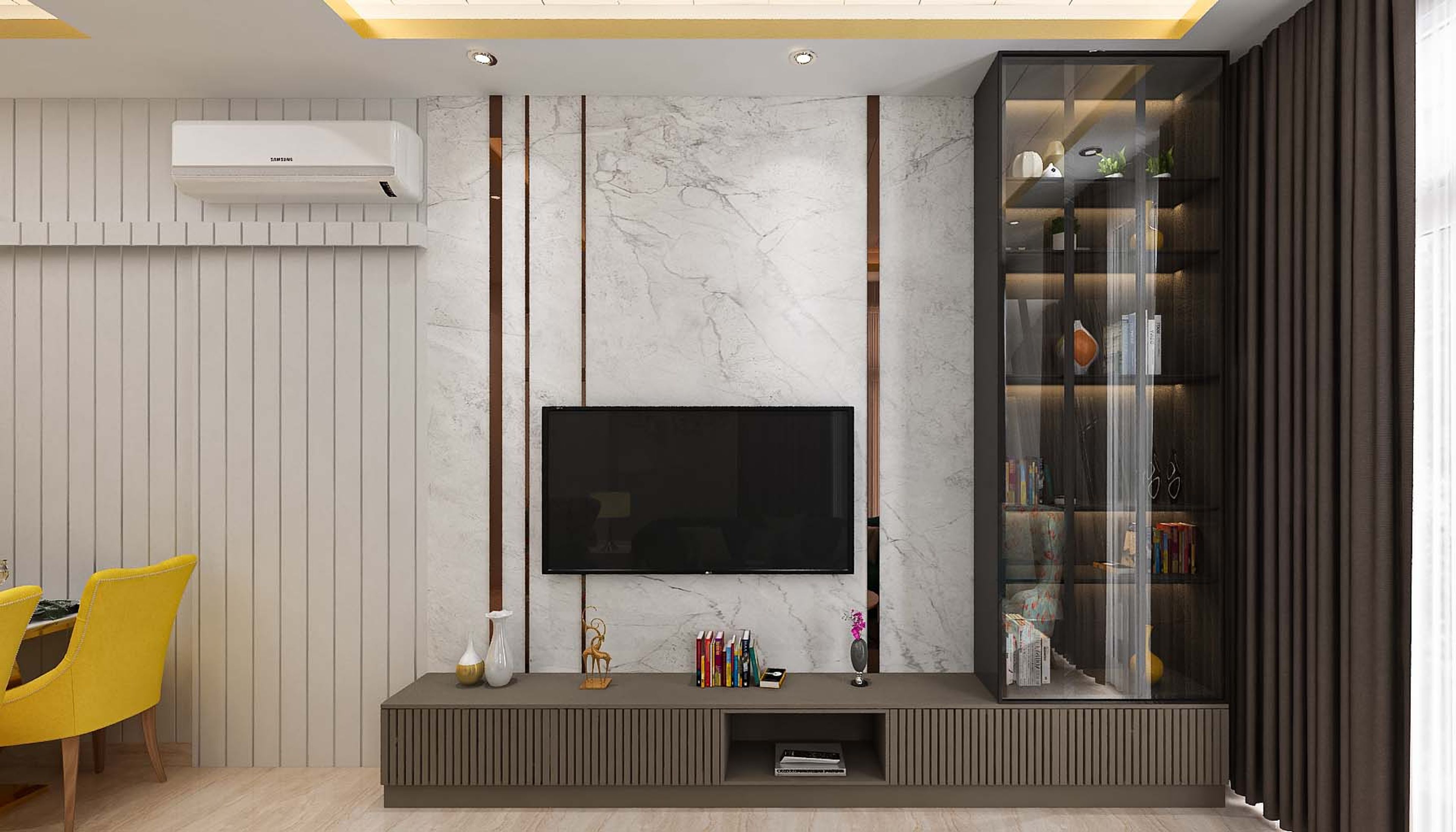 Spacious TV Unit Design With Vertical Mirror Panel