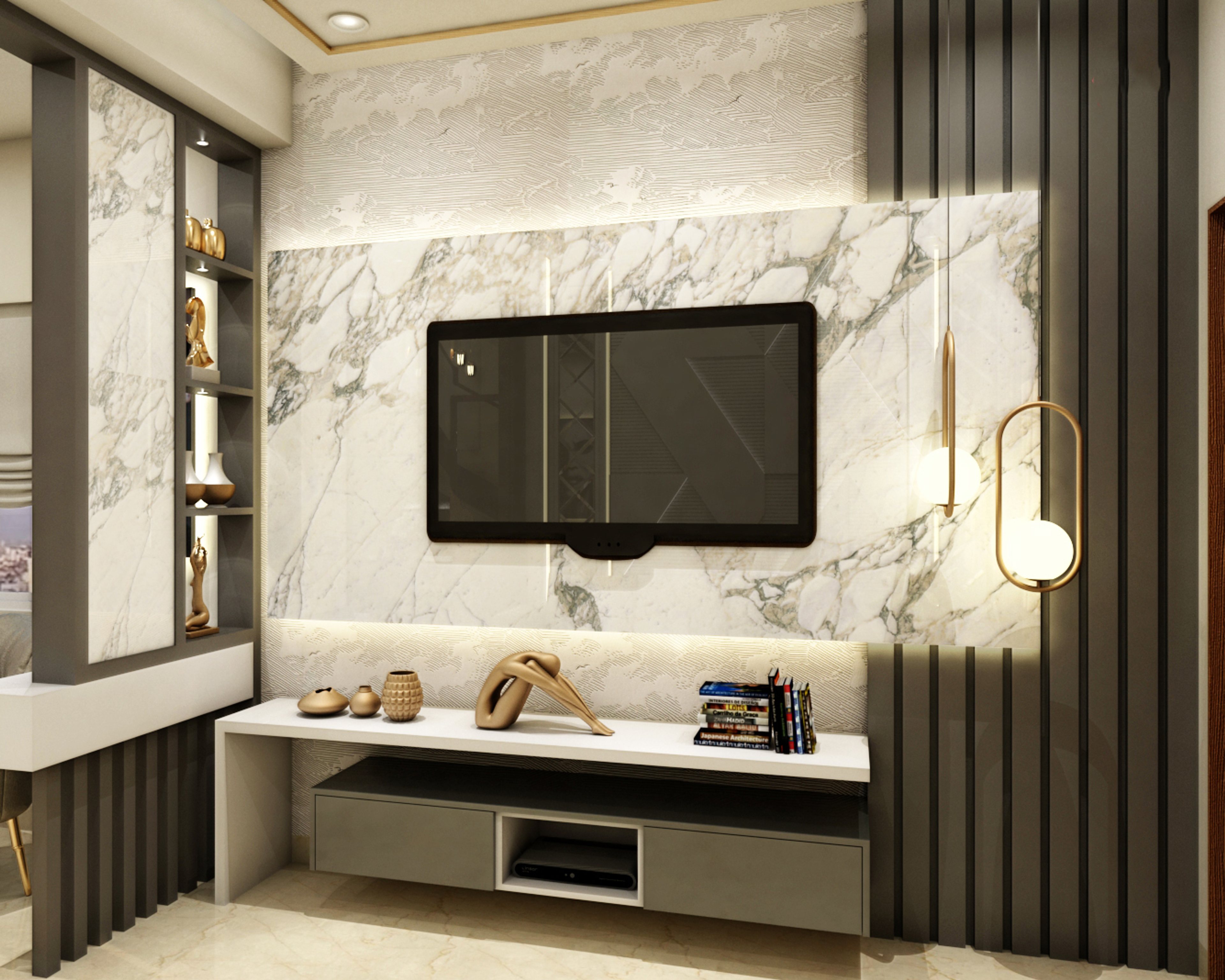 Black and White Contemporary Spacious TV Unit Design