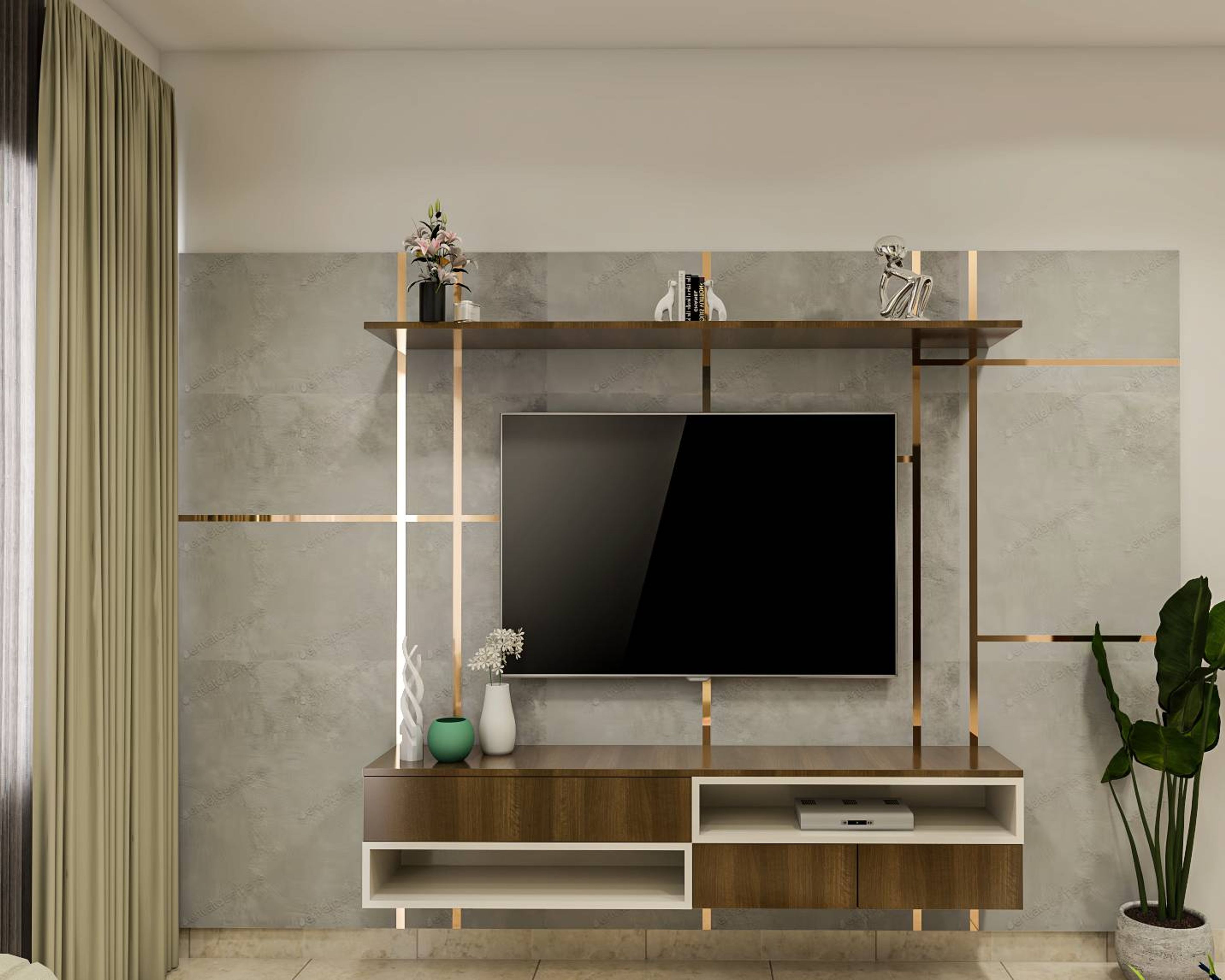Modern Compact TV Unit Design With Grey Textured Interiors