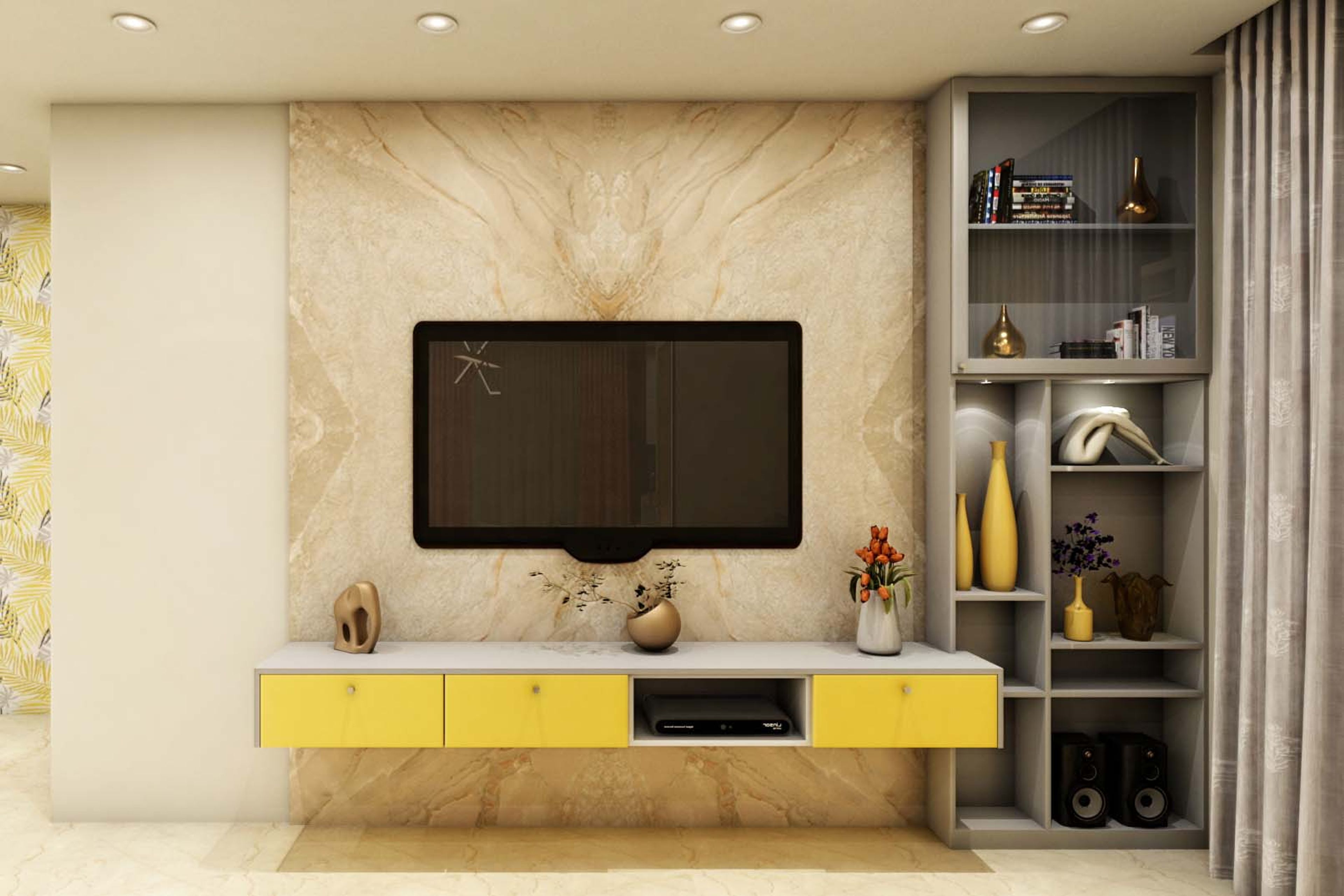 Contemporary TV Unit Design With Marble Finish