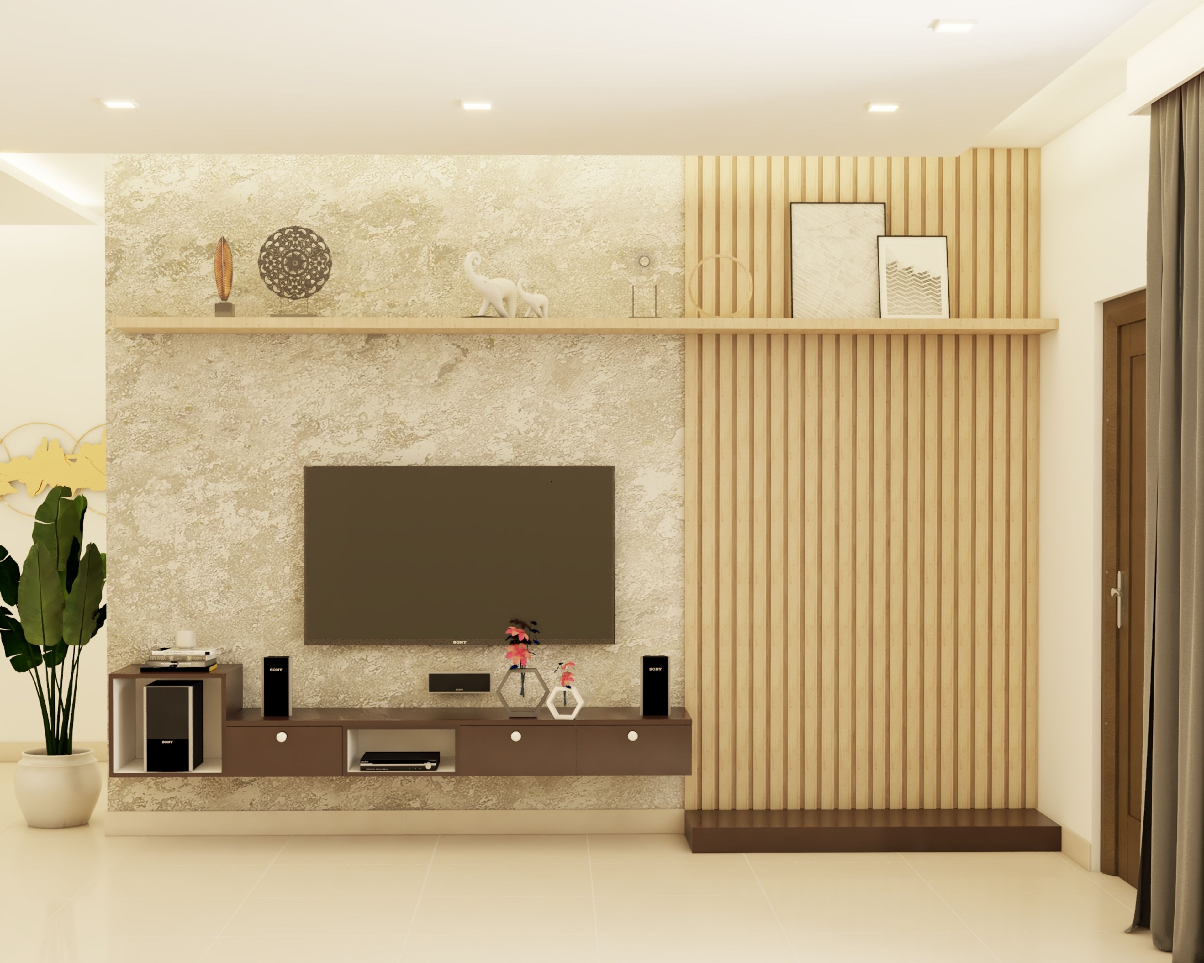 Modern TV Unit Design With Wooden Panels And Textured Wall
