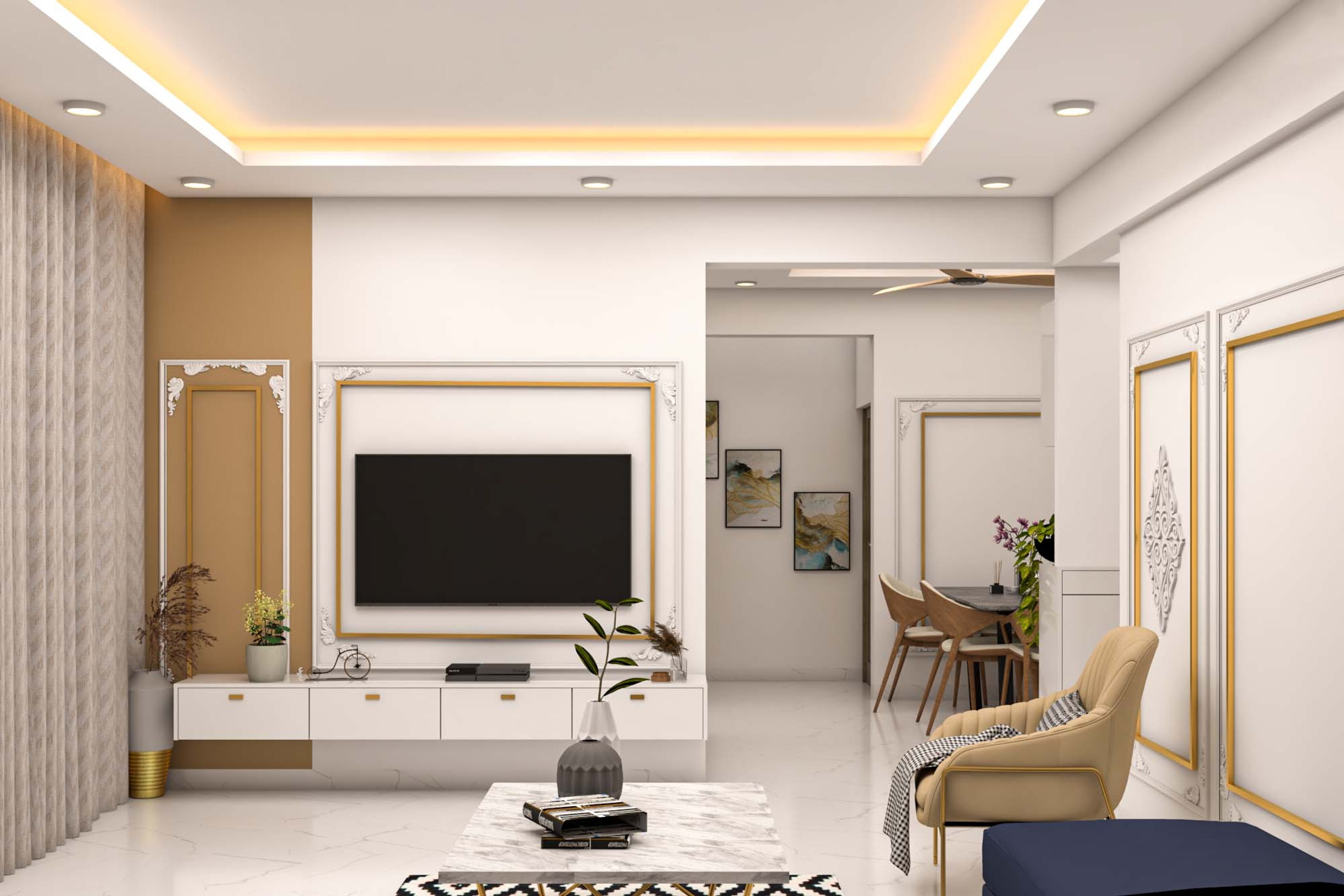 Classic Style Compact TV Unit Design In Gold And White