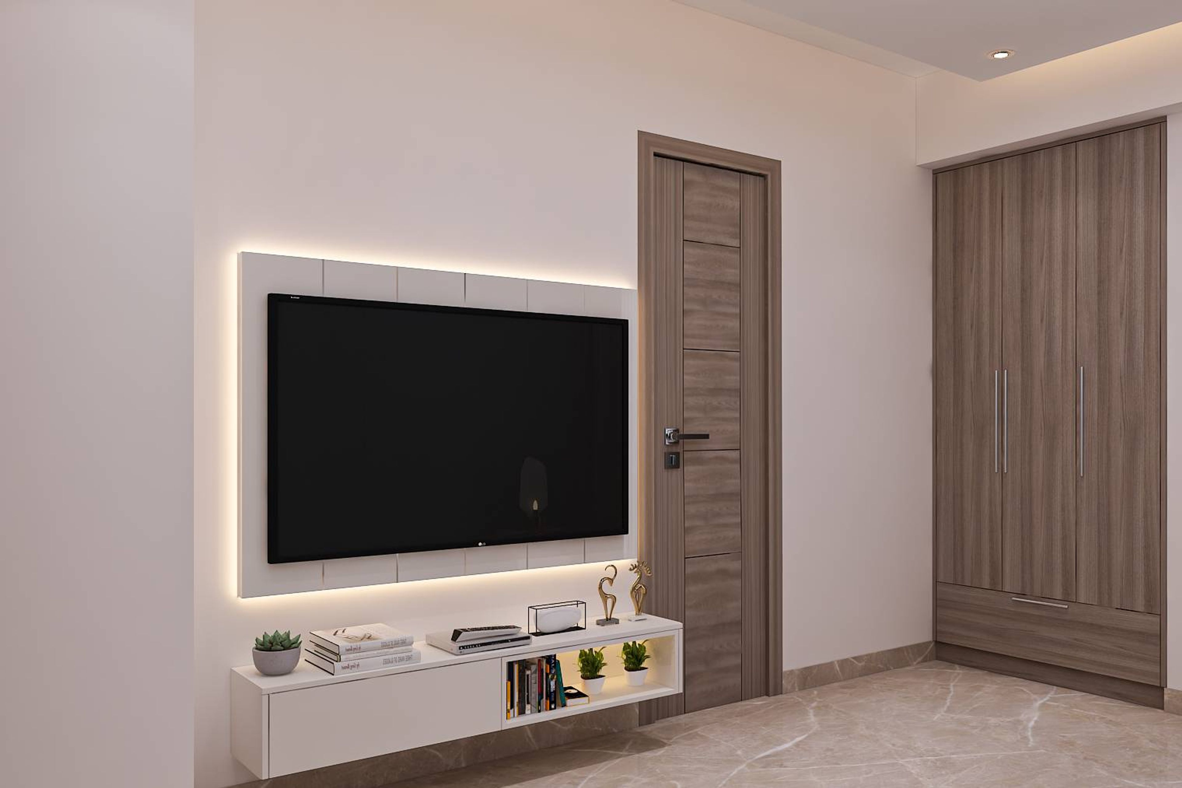 Wall-Mounted Compact TV Unit Design With Strip Lighting