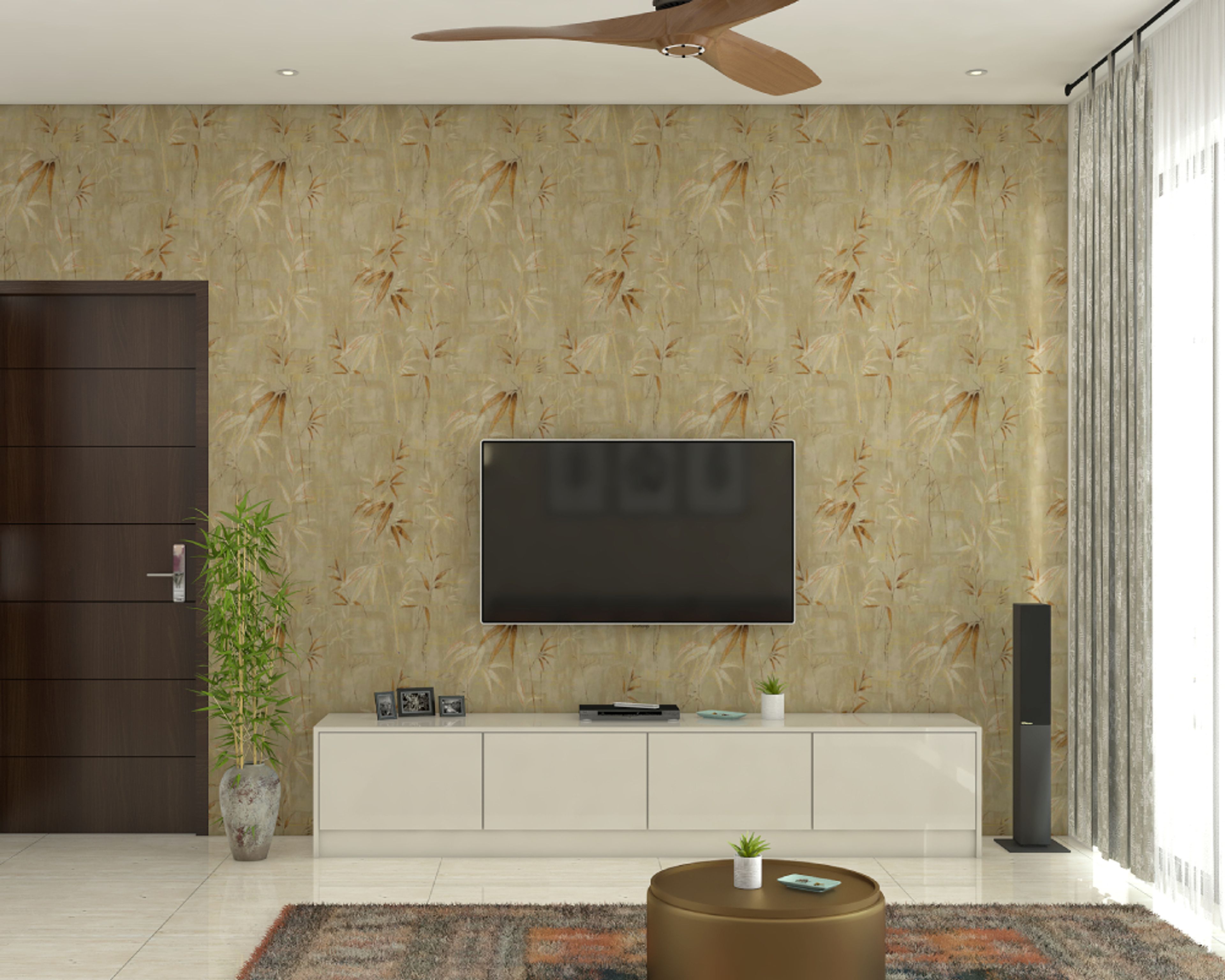 Modern TV Unit Design With Beige Floral Wallpaper