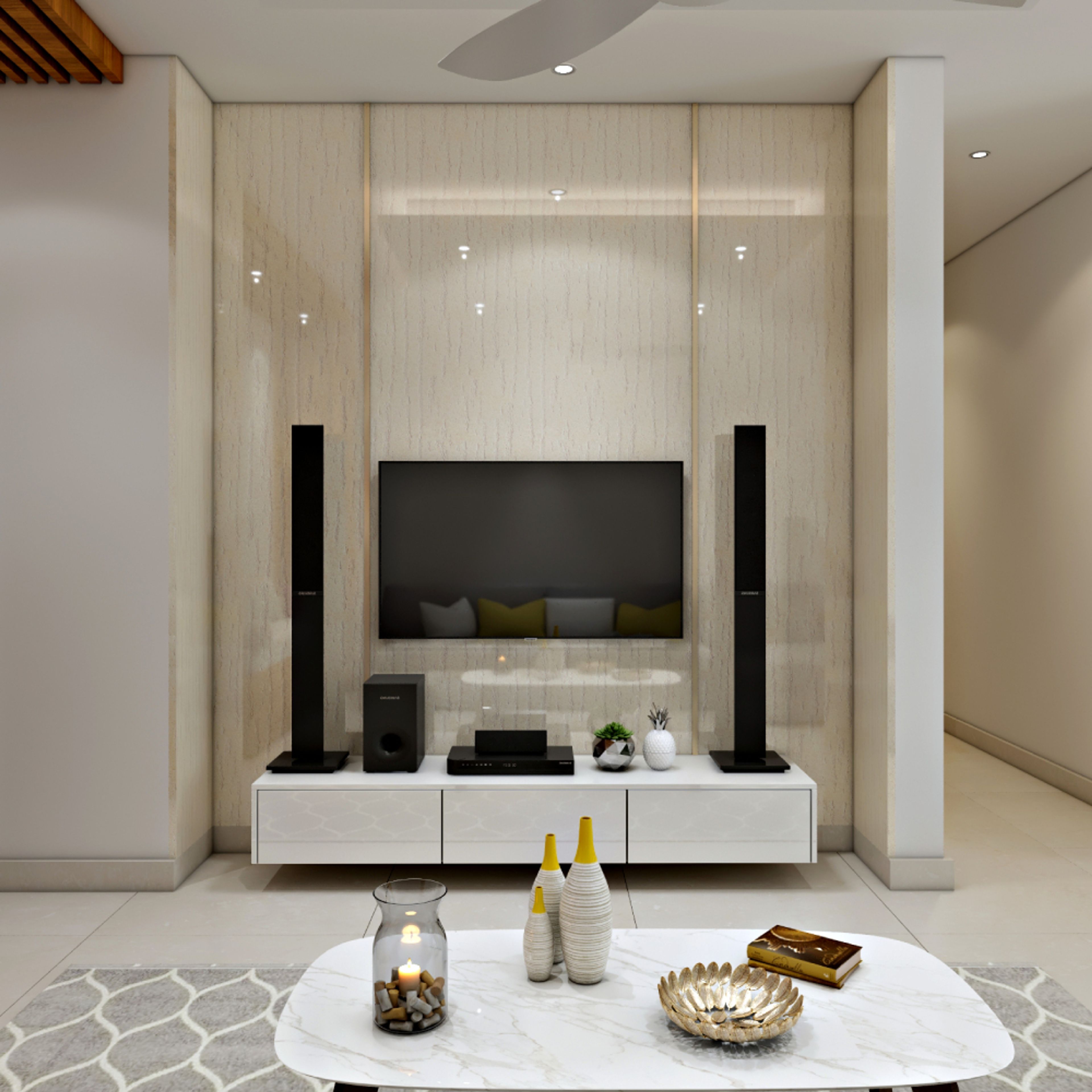 Contemporary TV Unit Design With Glossy Stone Wall Tiles