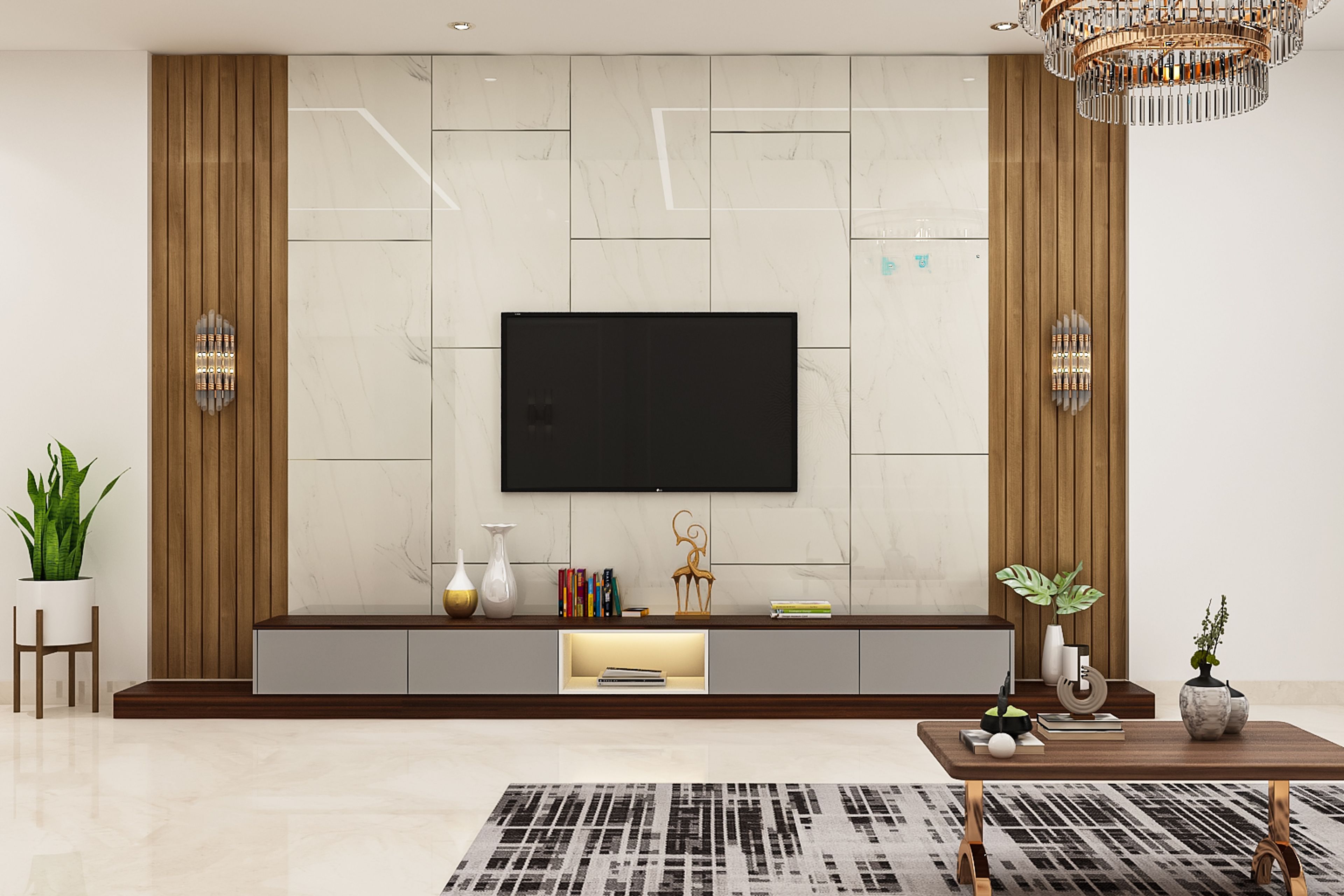 Premium TV Unit Design With Spacious Beige Wall Panel And Pendant Light
